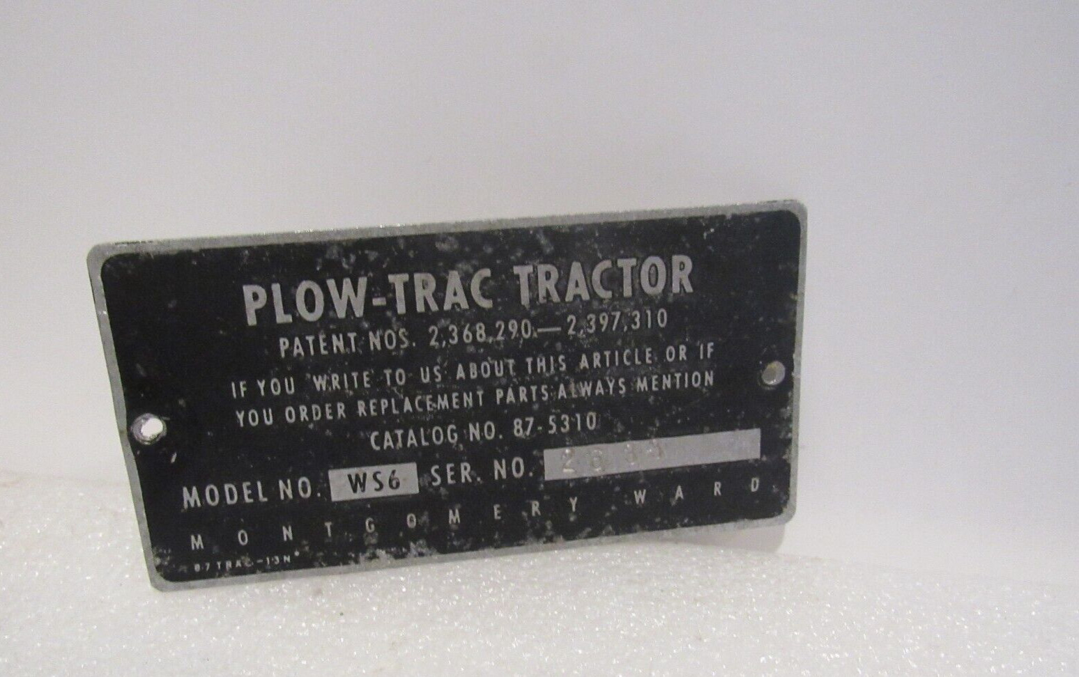 Vintage Montgomery Wards Plow-Trac Tractor Metal Model and Serial No Data Plate Vintage Montgomery Wards Plow-Trac Tractor Metal Model and Serial No Data Plate