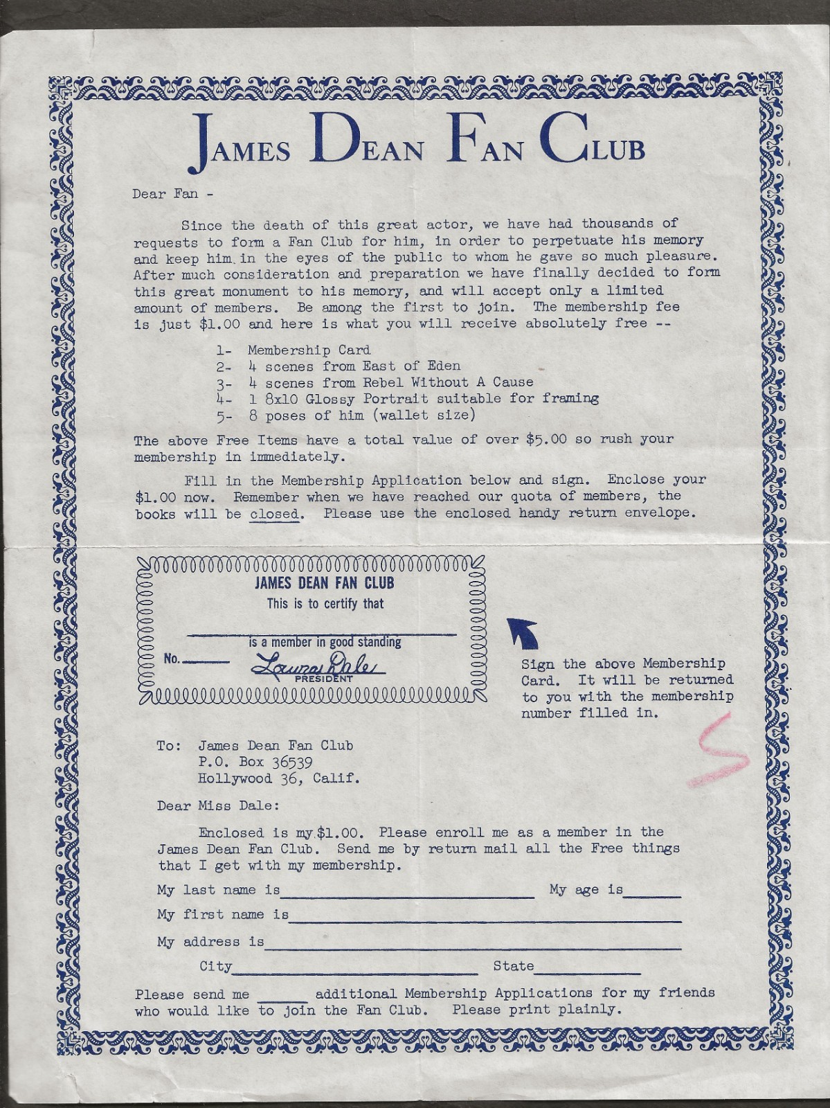 1950\'S JAMES DEAN ORIGINAL FAN CLUB LETTER