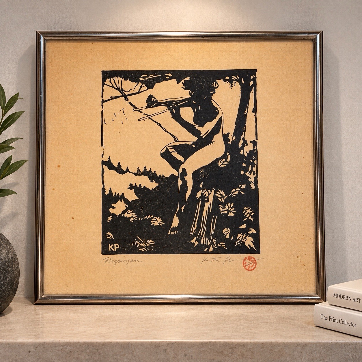 Antique Art Nouveau Nymph Woodcut Print Seated Pan Flute Signed KP Chop Mark Antique Art Nouveau Nymph Woodcut Print Seated Pan Flute Signed KP Chop Mark
