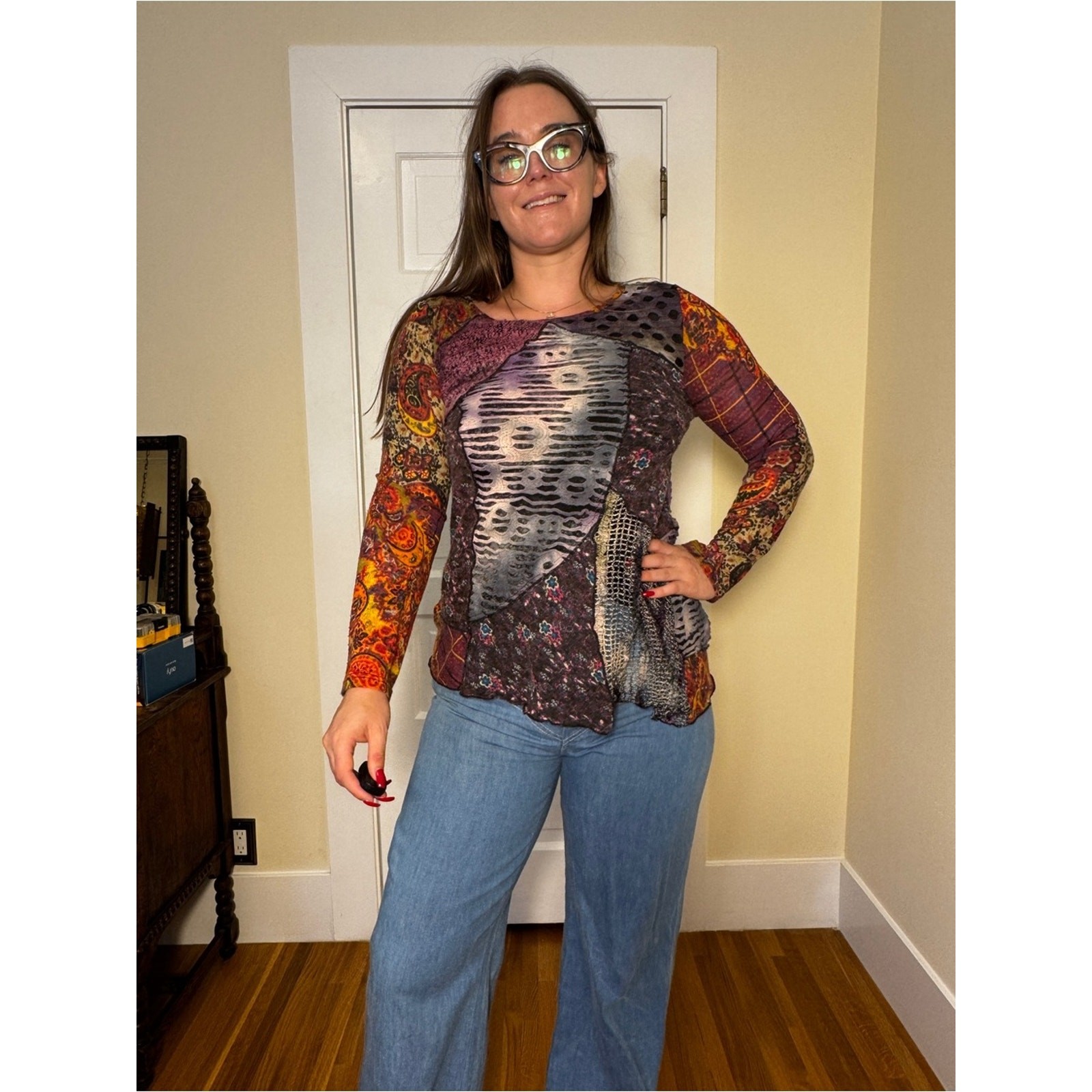 Y2K Vintage Witchy Boho Patchwork Mixed Print Long Sleeve Top