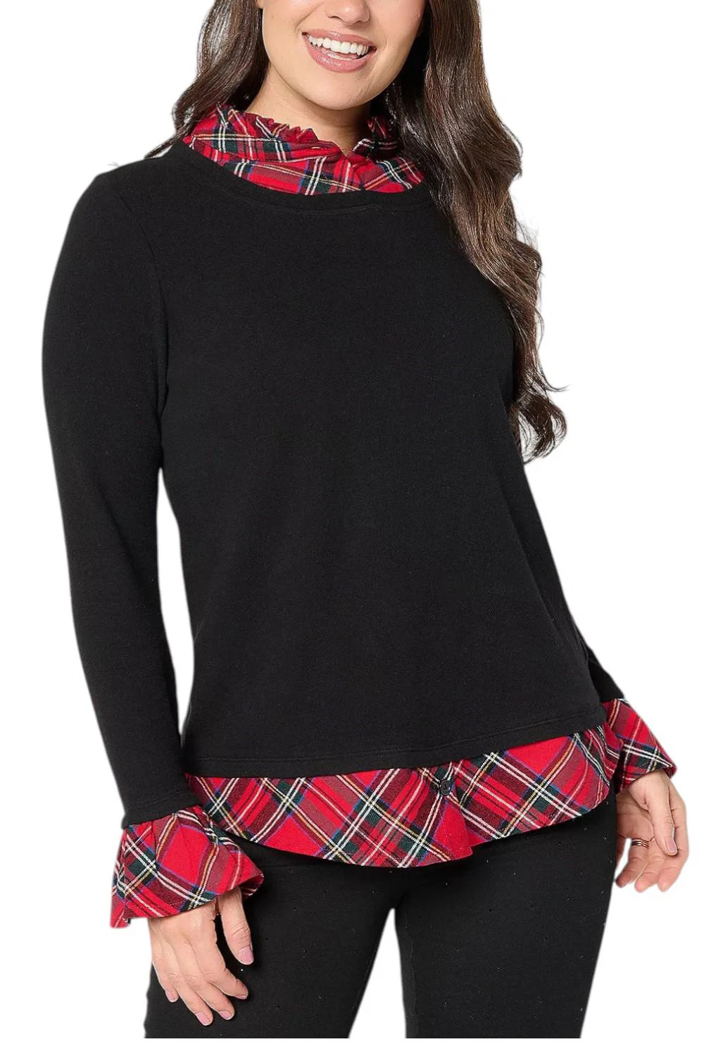 Belles by Kim Gravel Women\'s Peek a Boo Ruffle Tartan Top Black Belles by Kim Gravel Women\'s Peek a Boo Ruffle Tartan Top Black