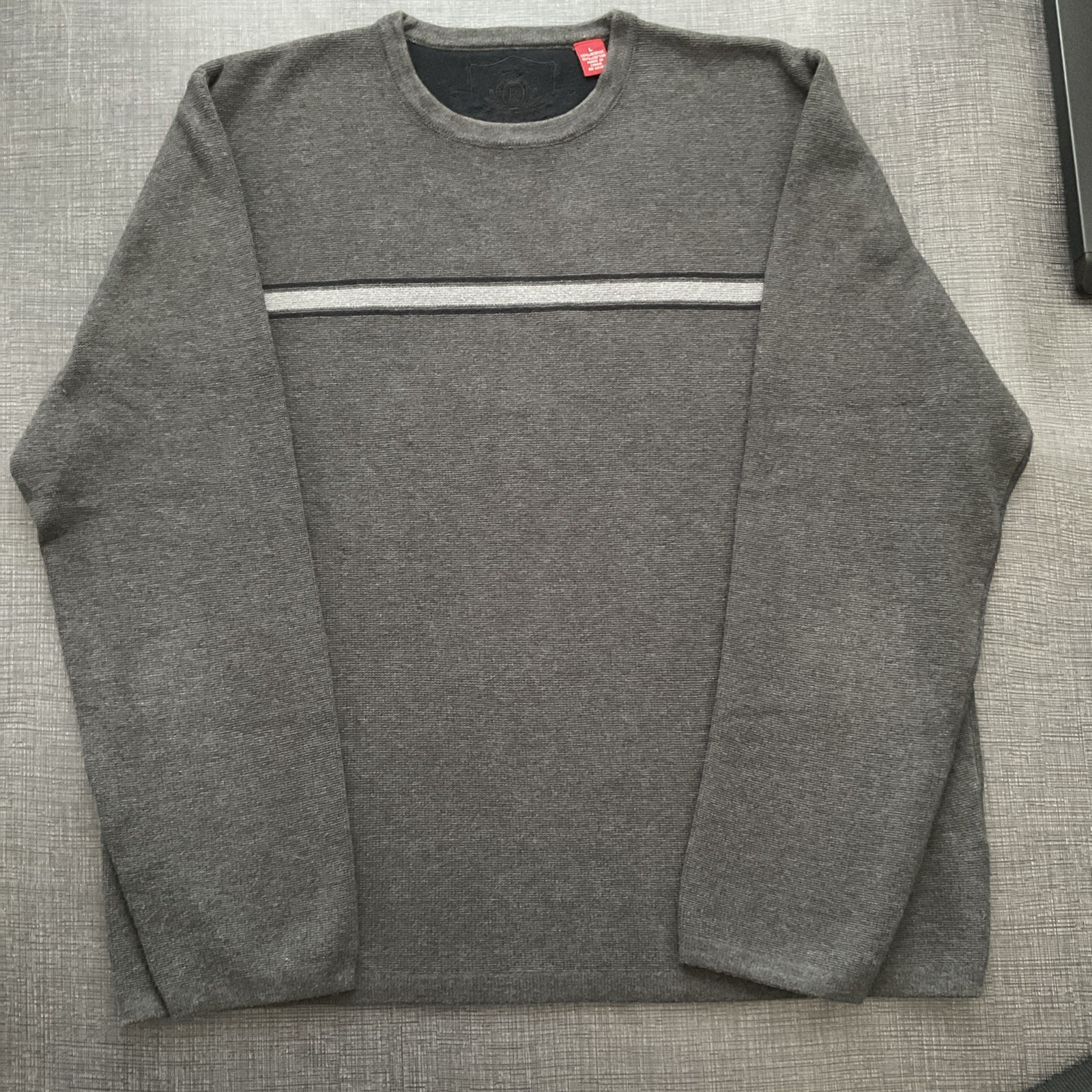 Vintage Y2K Reunion Men’s Large Gray Striped Pullover Sweater Heavyweight Vintage Y2K Reunion Men’s Large Gray Striped Pullover Sweater Heavyweight