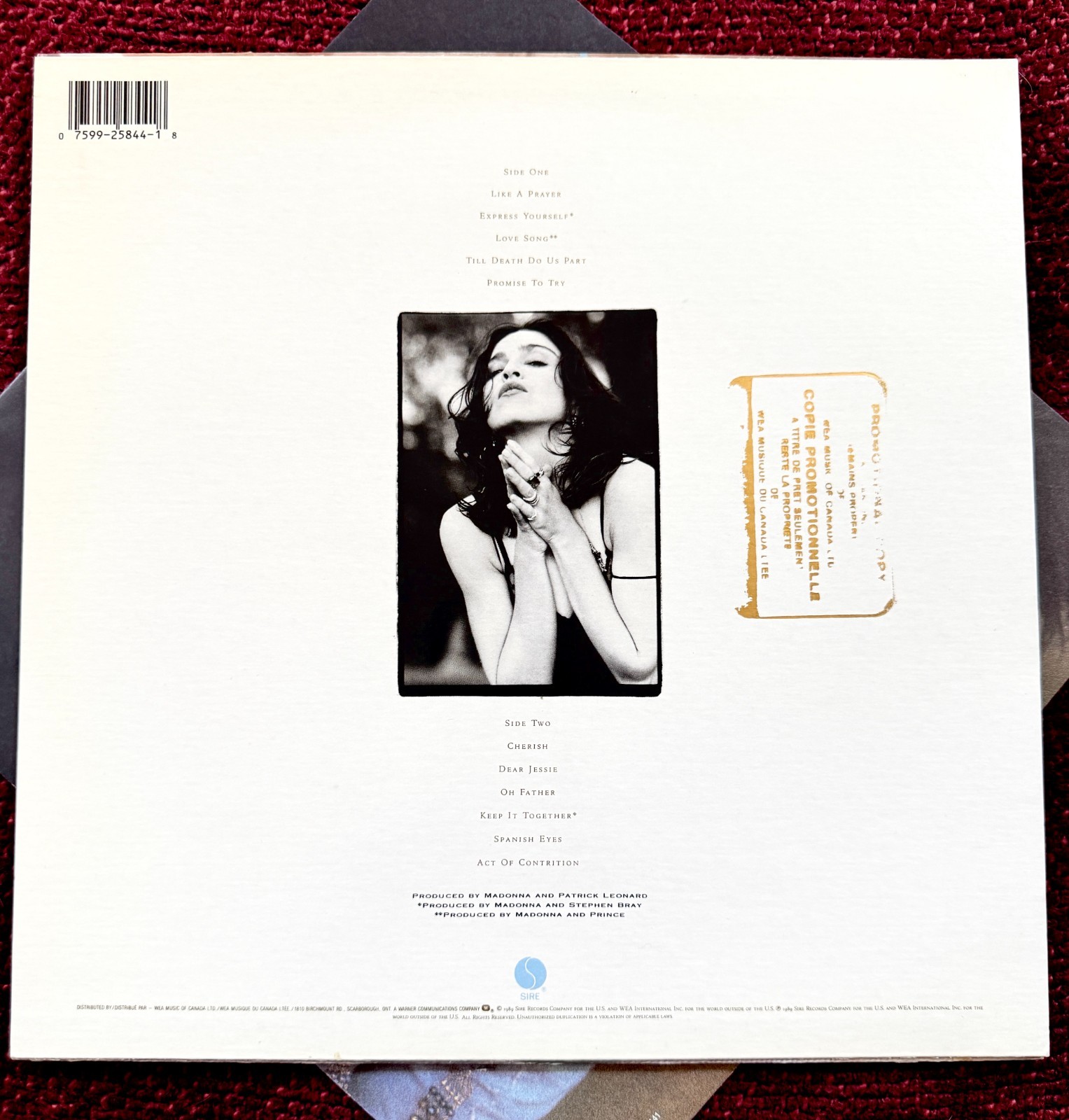 MADONNA LIKE A PRAYER RECORD PROMO CANADA GOLD STAMP VINYL LP SIRE WB MINT 1989