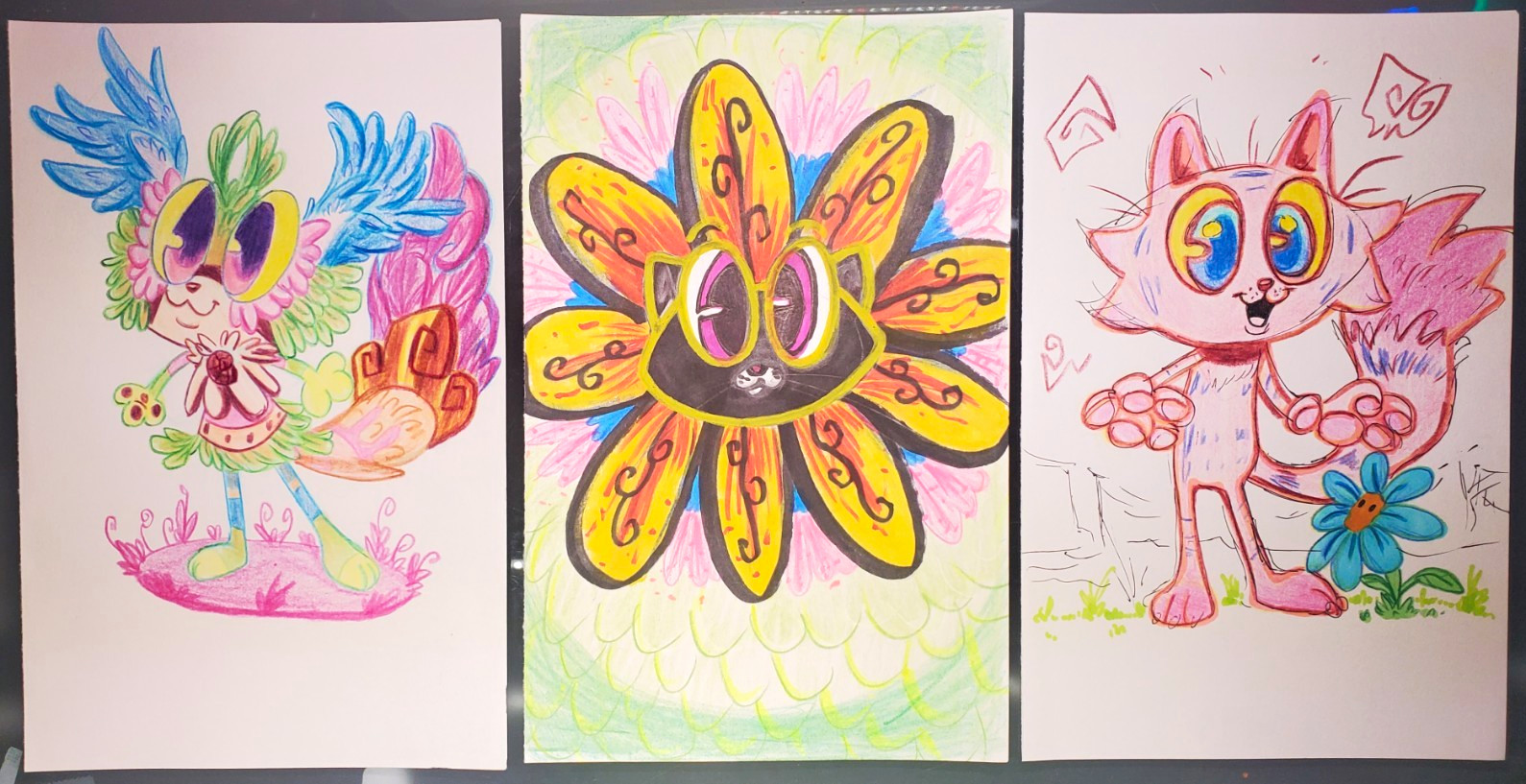 Original Lot of 3 Cartoon Cats & Flowers Colored Pencil Drawings on Paper