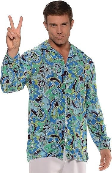 Underwraps Men’s 70s Disco Shirt Blue Green Paisley Groovy Hippie Costume XL