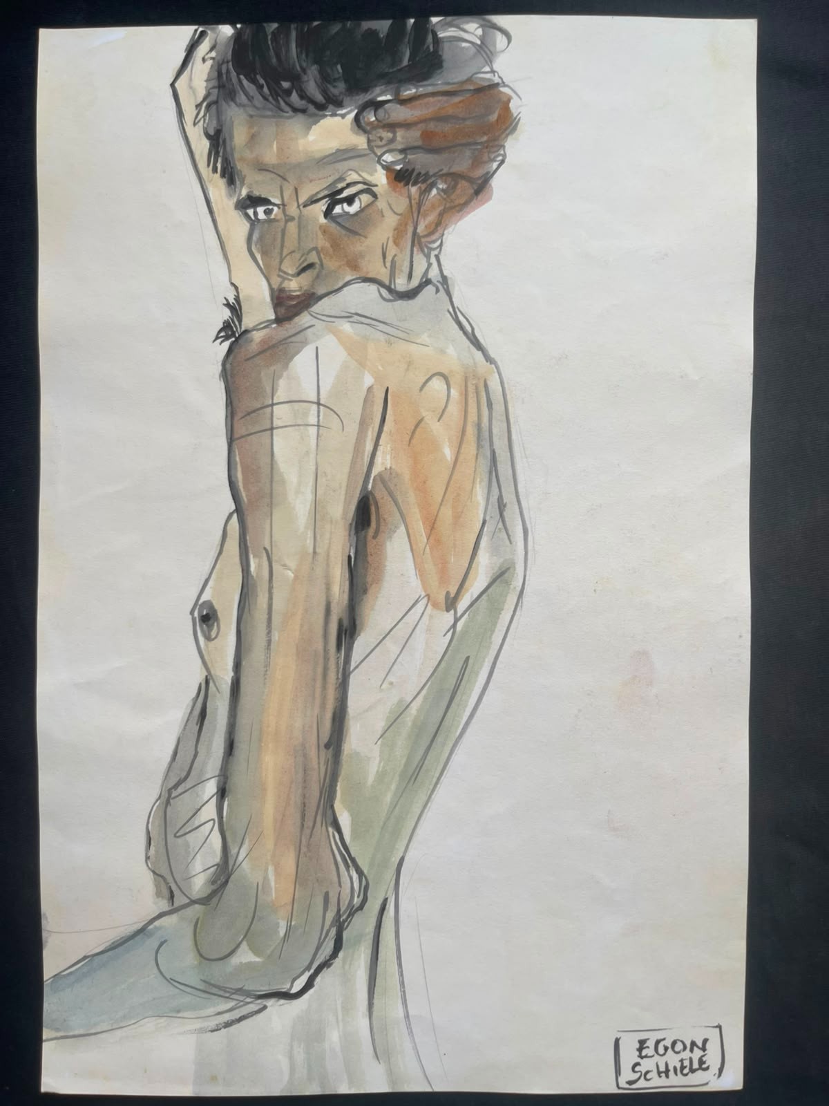 EGON SCHIELE PAITING ON OLD PAPER SIGNED  STAMPED-HANDMADE