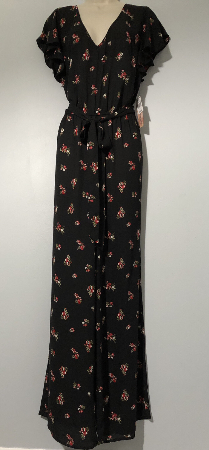 Inspired Hearts Women\'s Black Self Tie Waist Floral Printed Wide Leg Jumpsuit S Inspired Hearts Women\'s Black Self Tie Waist Floral Printed Wide Leg Jumpsuit S