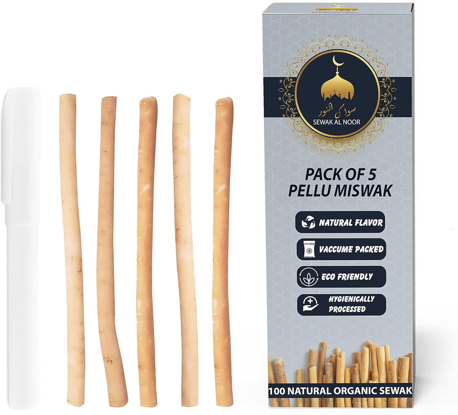 Pack of 5 Miswak Sticks for Teeth with 1 Holder - Vacuum Sealed Natural Flavored