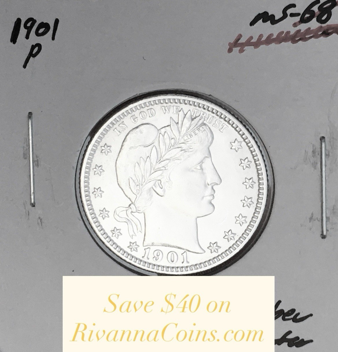 1901-P  GEM BU+++  BRILLIANT UNCIRCULATED  U.S. BARBER QUARTER.  WOW