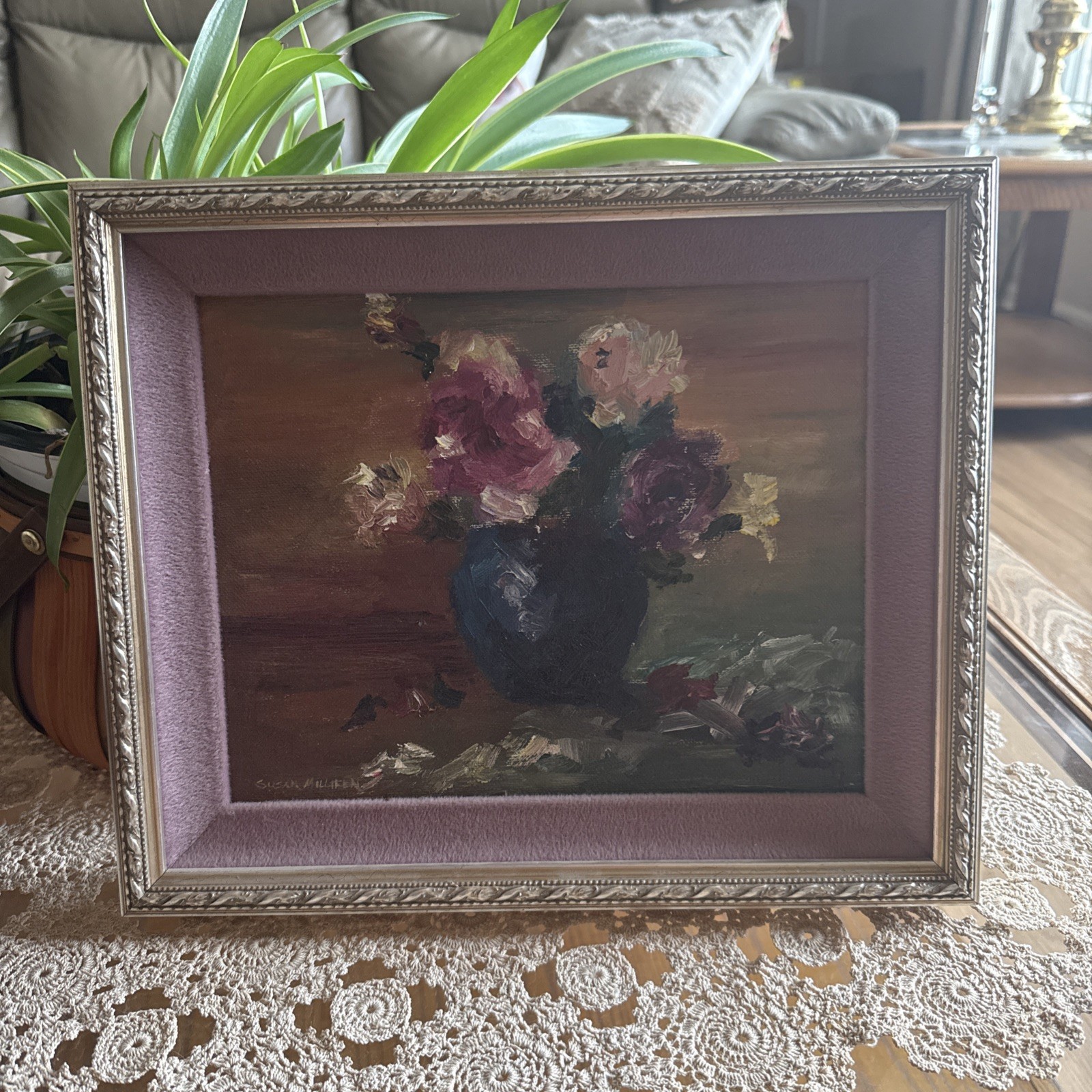 Vintage Hand Painted Oil Painting Floral Still Life Ornate Frame & Matted Signed