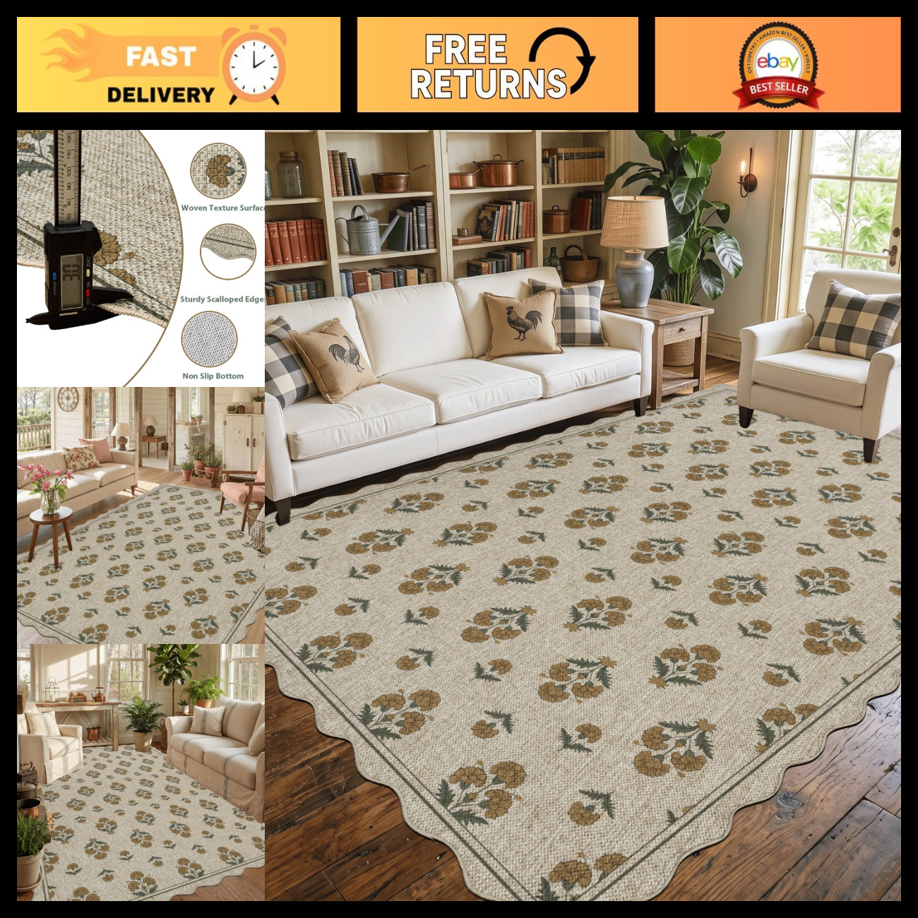 Vintage Yellow Floral Jute Area Rug 5x6.9 Scalloped Easy Care Home Decor Vintage Yellow Floral Jute Area Rug 5x6.9 Scalloped Easy Care Home Decor