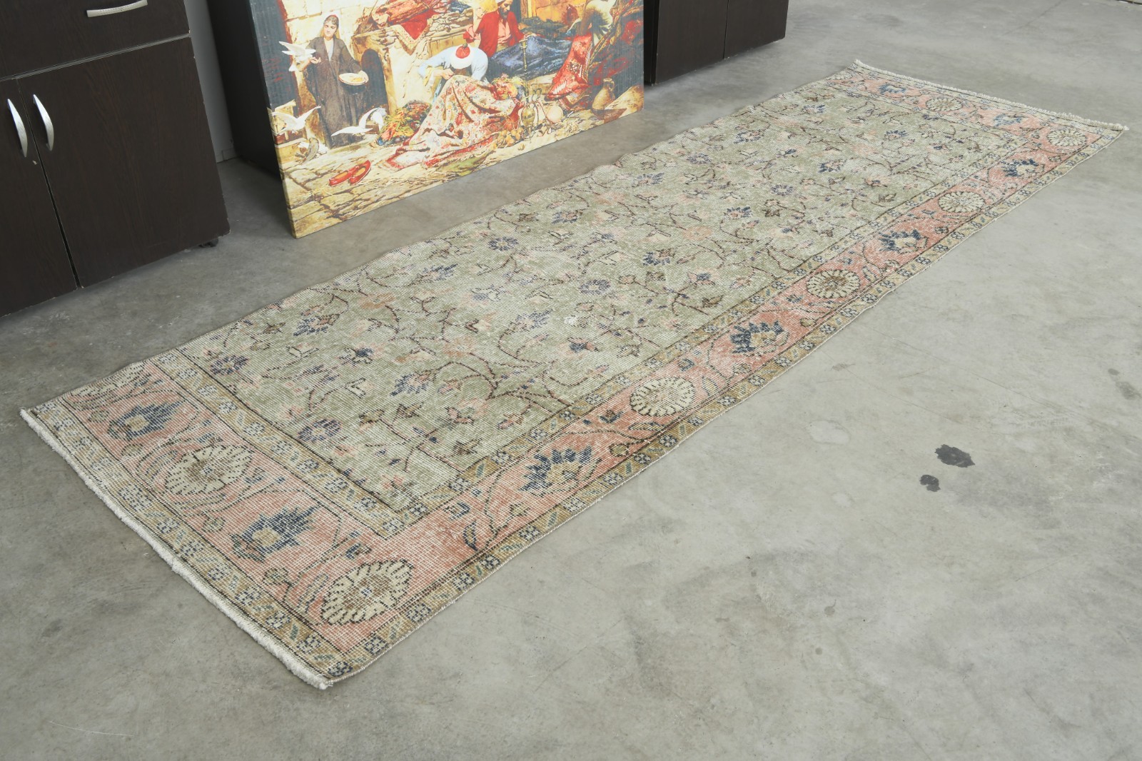 3x10 Turkish Antique Runner Rug Hand-Knotted Neutral Vintage Oushak Wool Rug,649
