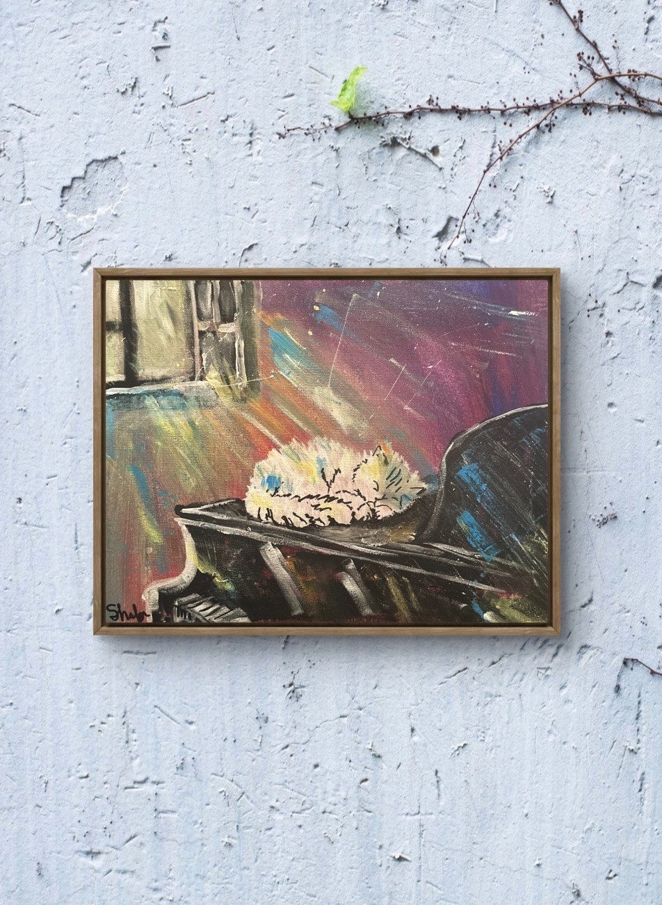 Shafer Original 12x16 Expressionist Colorful Cat On Piano Painting Signed Canvas