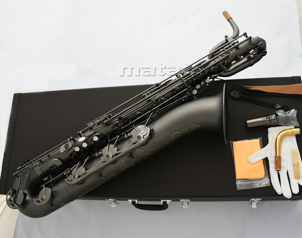 Professional Matte Black nickel Baritone Saxophone Sax Low A With 2 Necks
