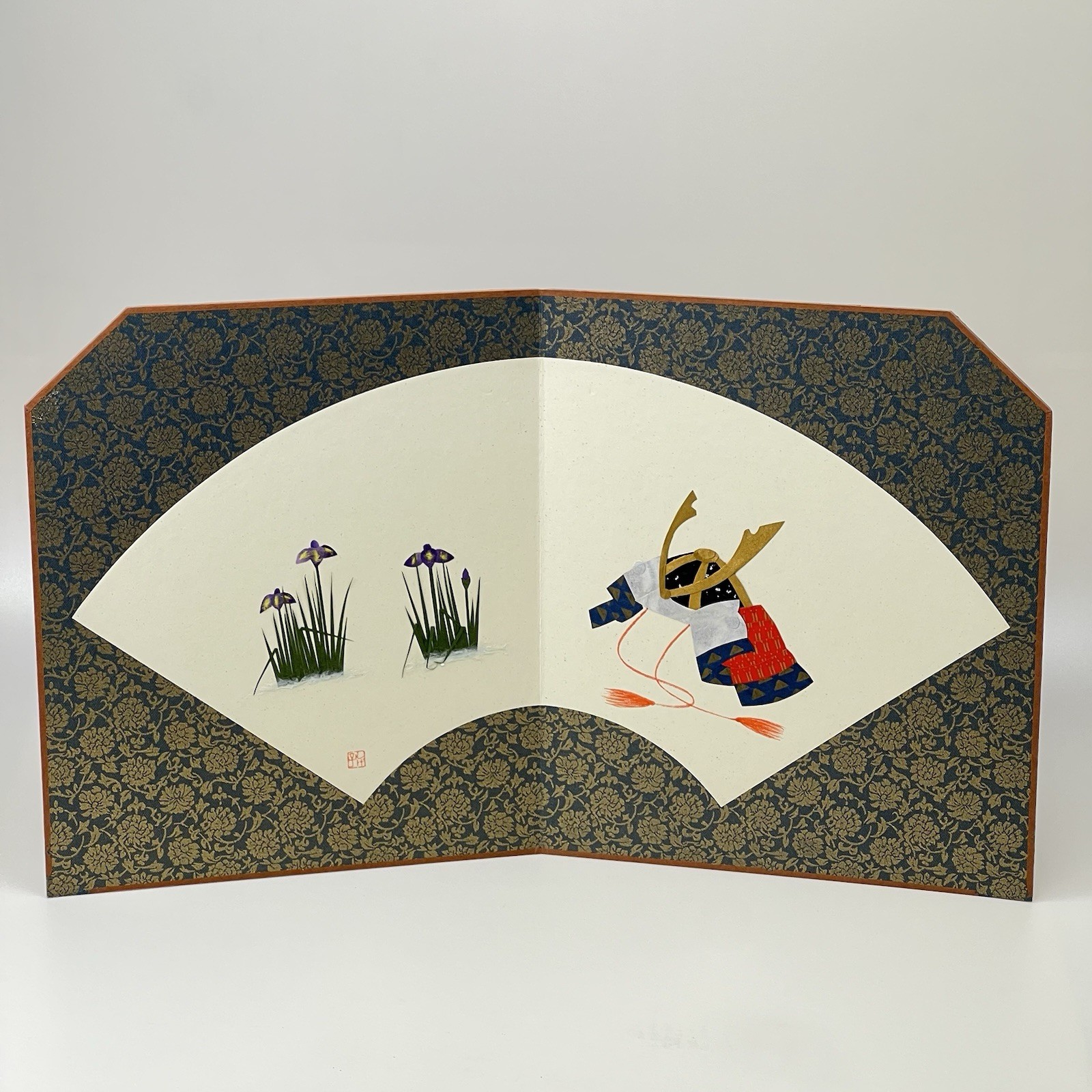 Vintage Japanese Gogatsu Ningyo Byobu Screen Kabuto Iris Boys’ Day 22”