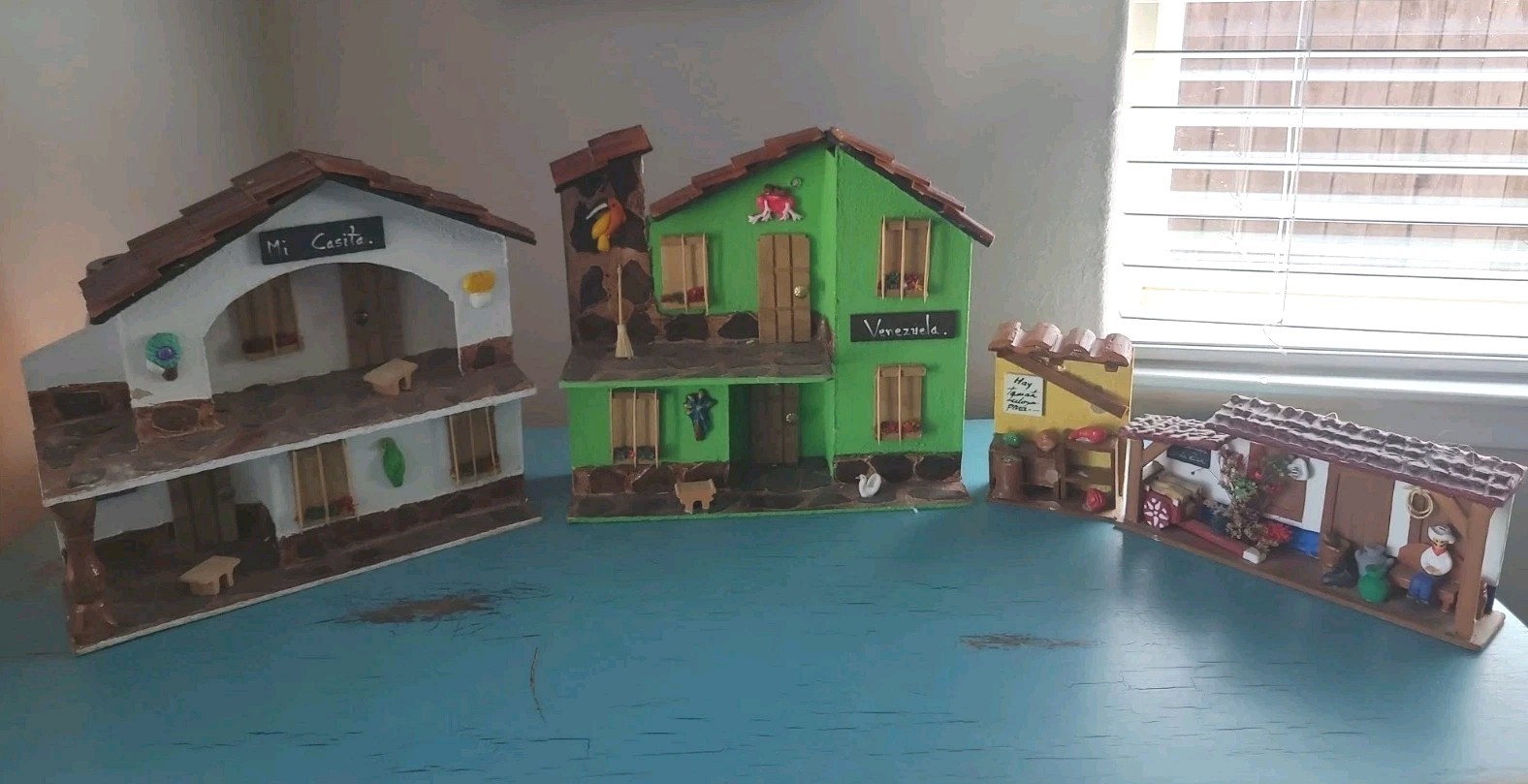 Vintage Handcrafted Miniature Casita House Facade Lot Wood & Clay Venezuelan 