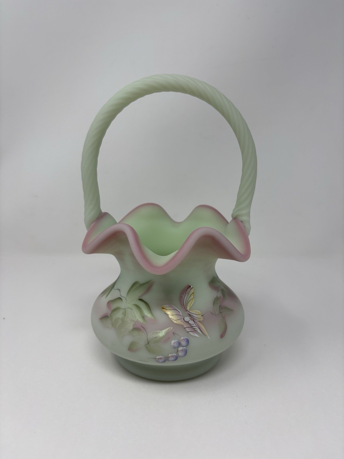 Fenton Lotus Mist Burmese Hand Painted Art Glass Basket Limited Signed