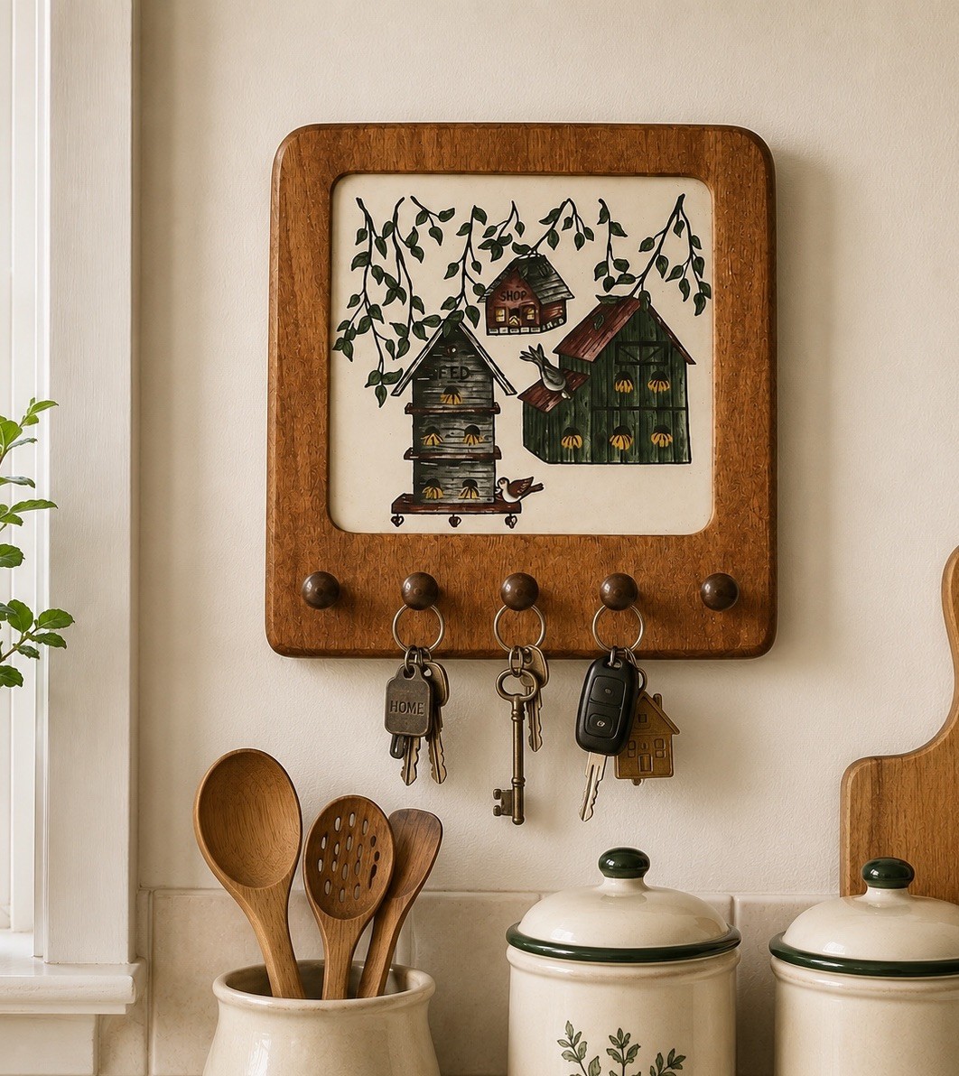 VTG Wooden Peg Wall Plaque w Tile Folk Art Farmhouse Cottage 5-Hook Birdhouse