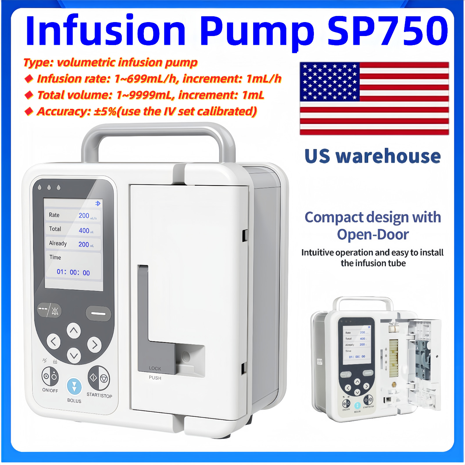 US Stock Portable Volumetric Infusion Pump SP750 High Accuracy Infusion Pump