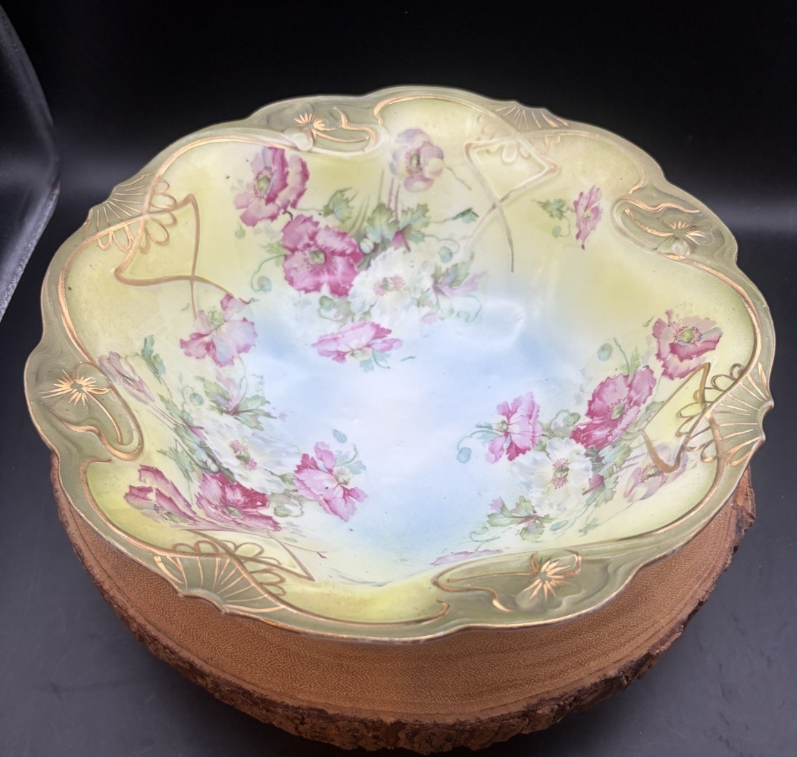 Antique Art Nouveau Porcelain Floral Serving Bowl - Beautiful Gilded Detail Antique Art Nouveau Porcelain Floral Serving Bowl - Beautiful Gilded Detail