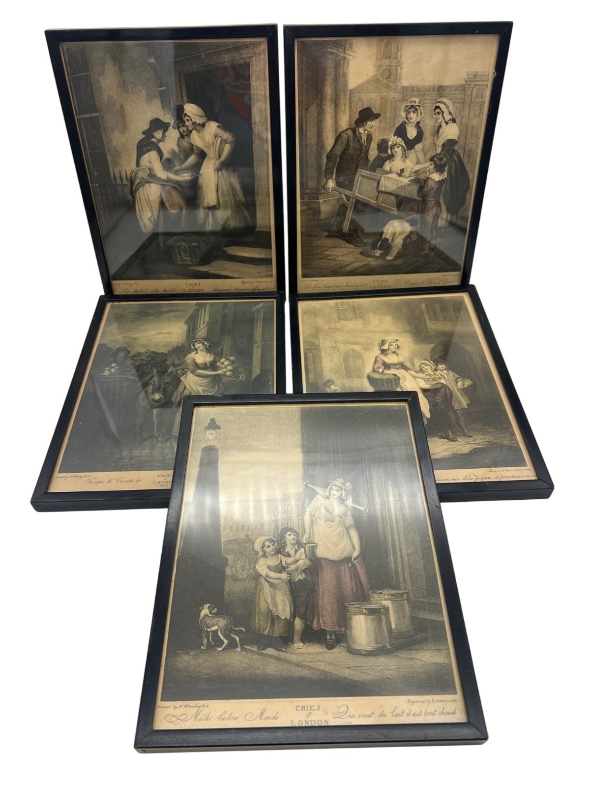 5 Antique Cries of London Wheatley Prints Original Edwardian Frames 10.5\ 5 Antique Cries of London Wheatley Prints Original Edwardian Frames 10.5\