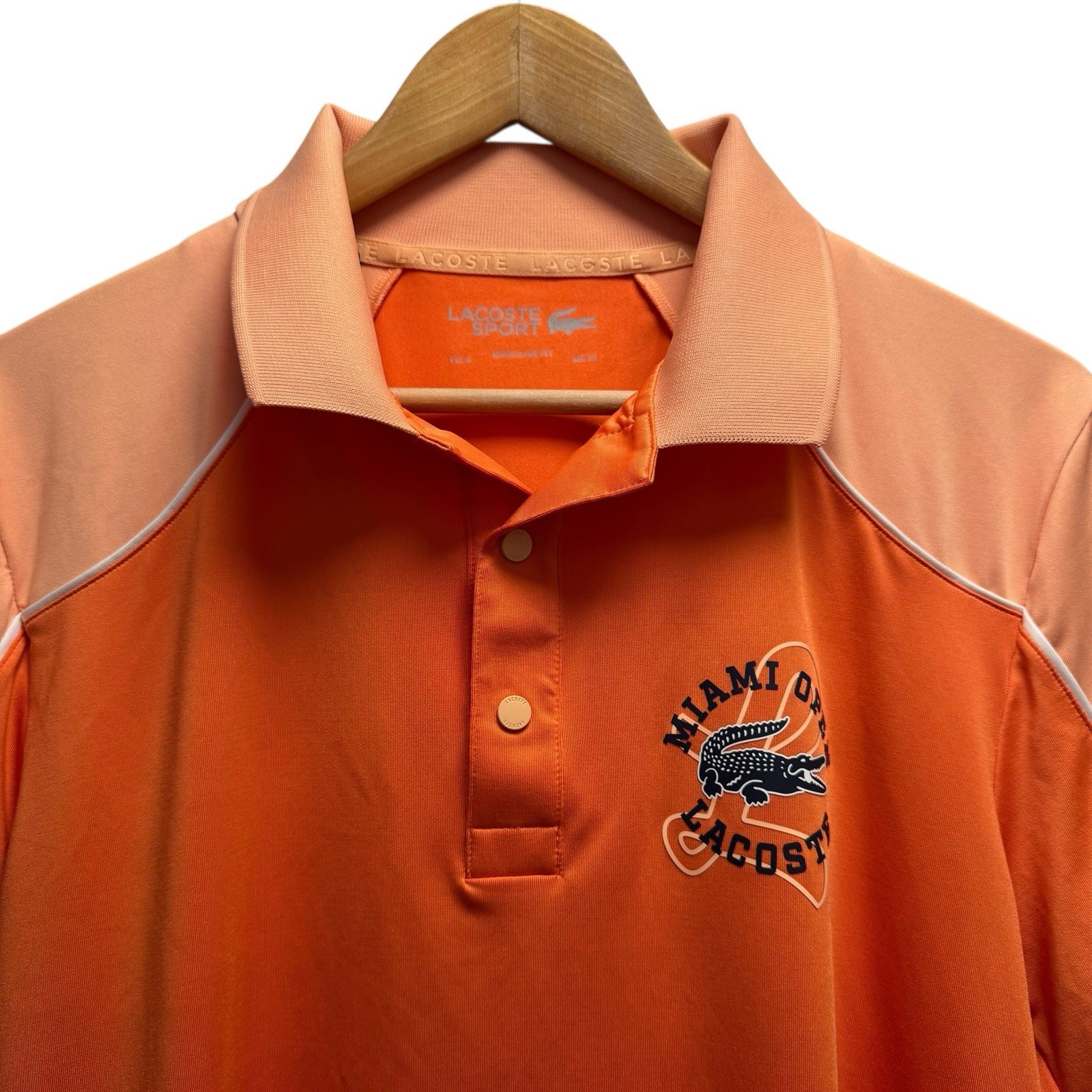 Lacoste Sport Men\'s Size M Orange Crocodile Logo Miami Open Tennis Snap Polo euc