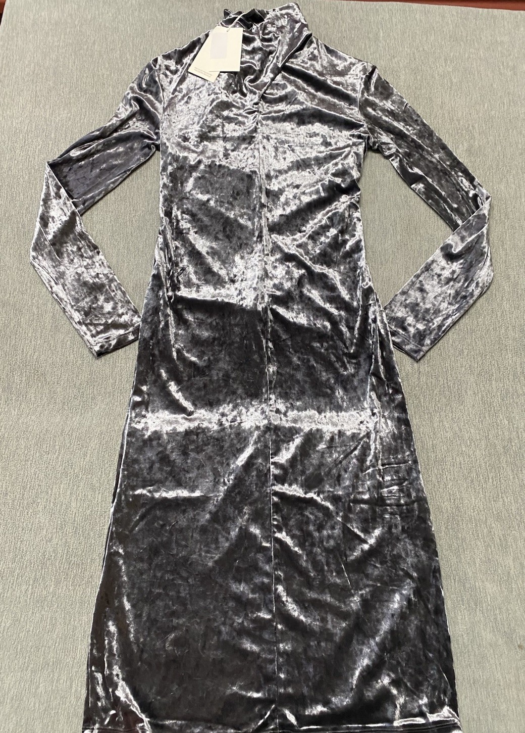 COS Dress Womens Small Open Back Velvet Midi Dress Gray High Neck Crushed Velvet
