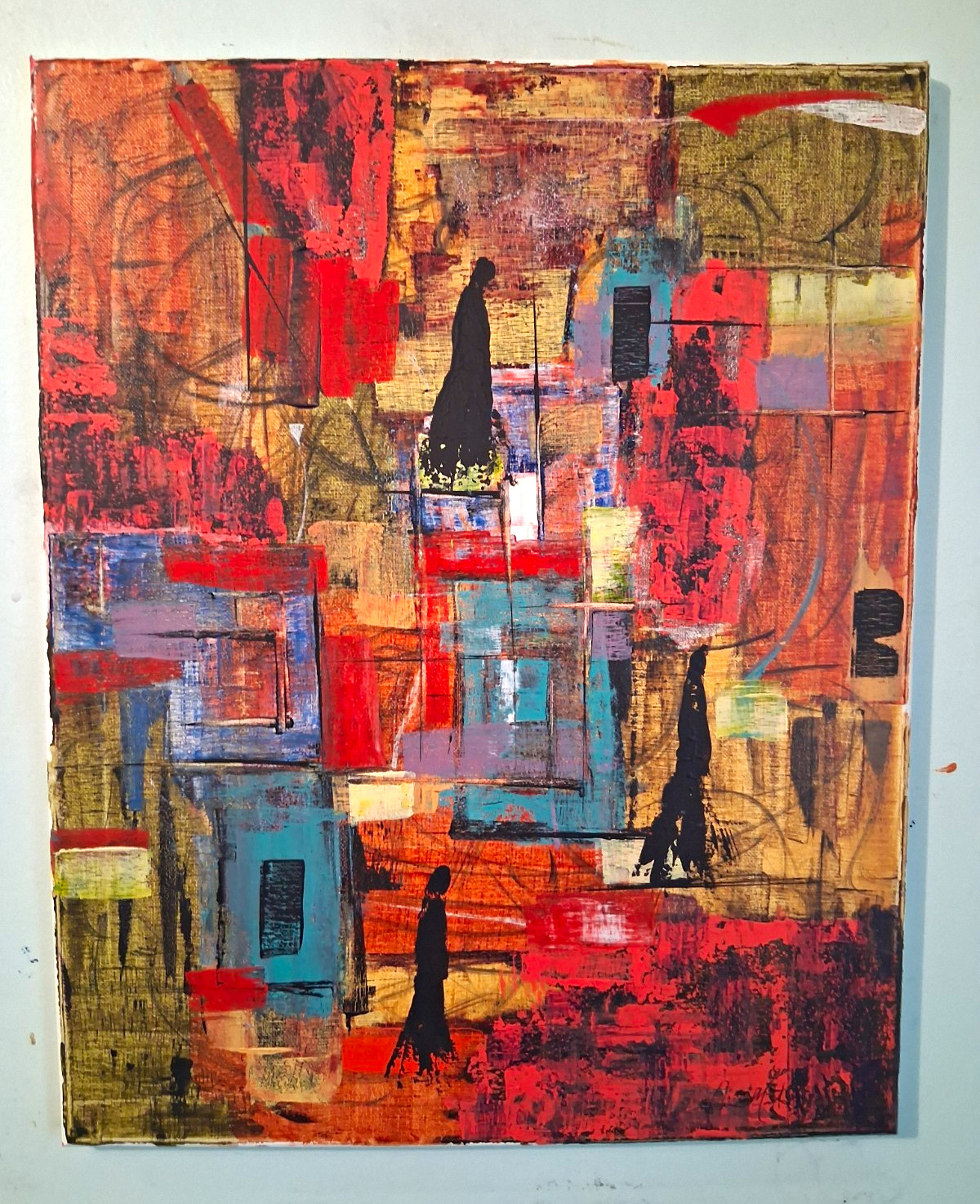 original abstract painting on canvas unframed red blue tones