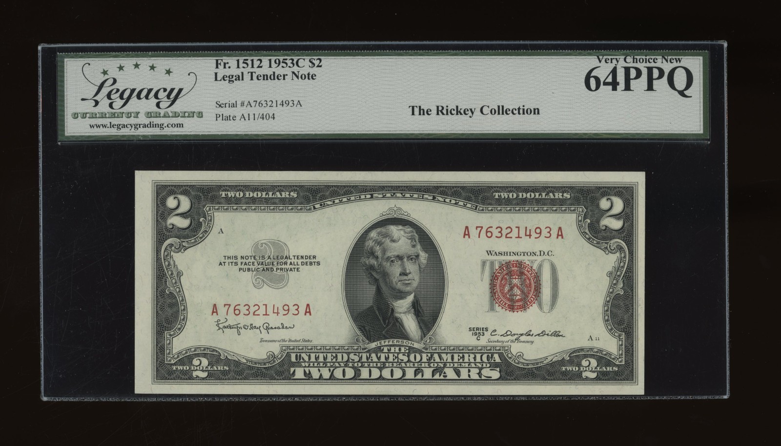 DBR 1953-C $2 Legal Fr. 1512 Legacy 64 PPQ Serial A76321493A DBR 1953-C $2 Legal Fr. 1512 Legacy 64 PPQ Serial A76321493A
