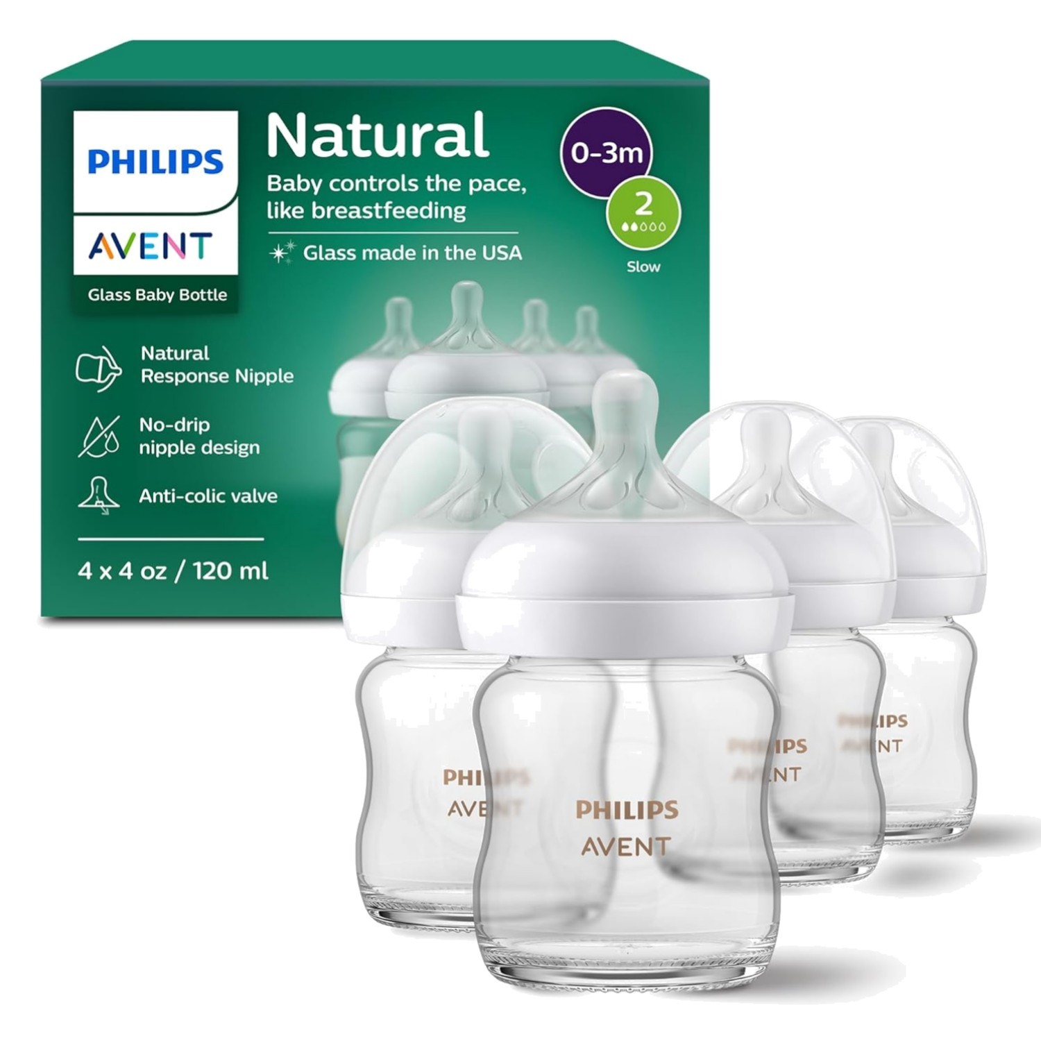 4-Pack Natural Glass Baby Bottles with Slow Flow Nipples - BPA-Free, Anti-Colic