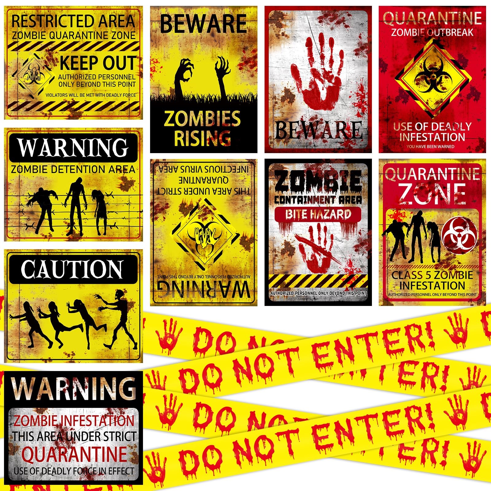 11 Pcs Halloween Decorations Caution Tape Roll and Zombie Warning Signs Sticker