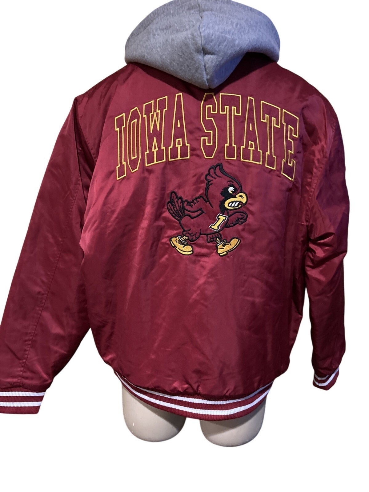 NEW Iowa State Cyclones Hoodie Maroon Sateen Full Zip Puffer Jacket Men\'s L