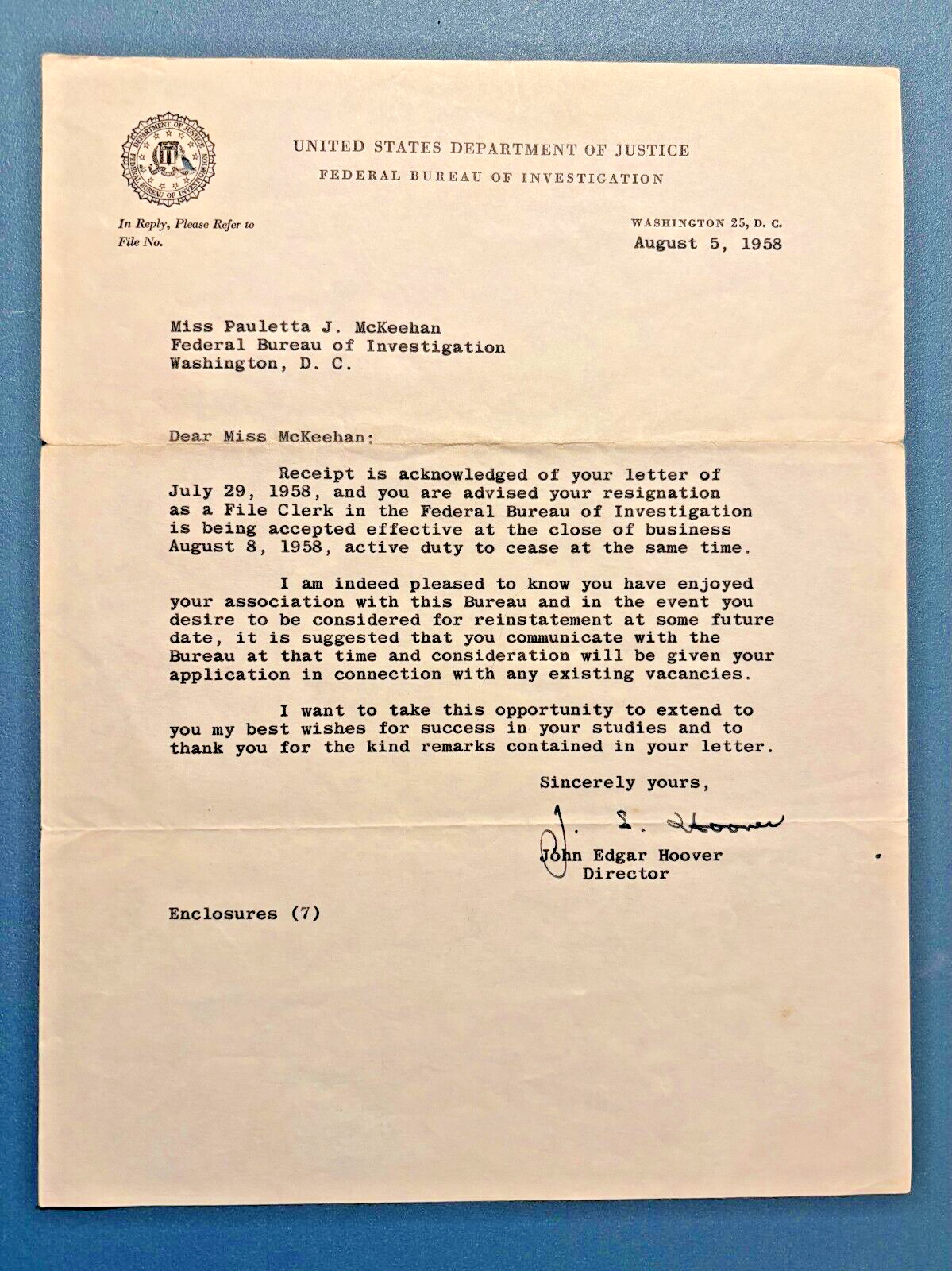 J Edgar Hoover Signed Letter AUTO August 5, 1958 on Official FBI Letterhead