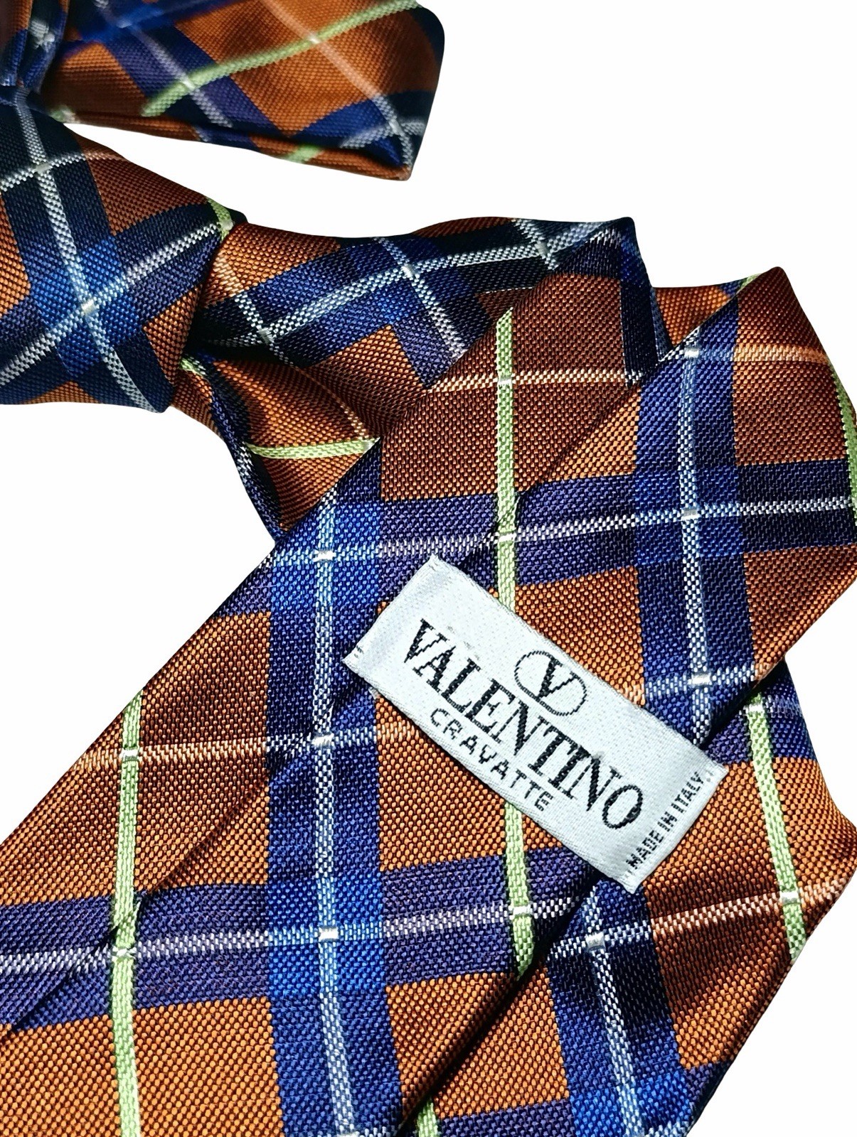 Rare Vintage Valentino Pure Silk Tie Copper Orange Blue Plaid Tartan Jacquard 