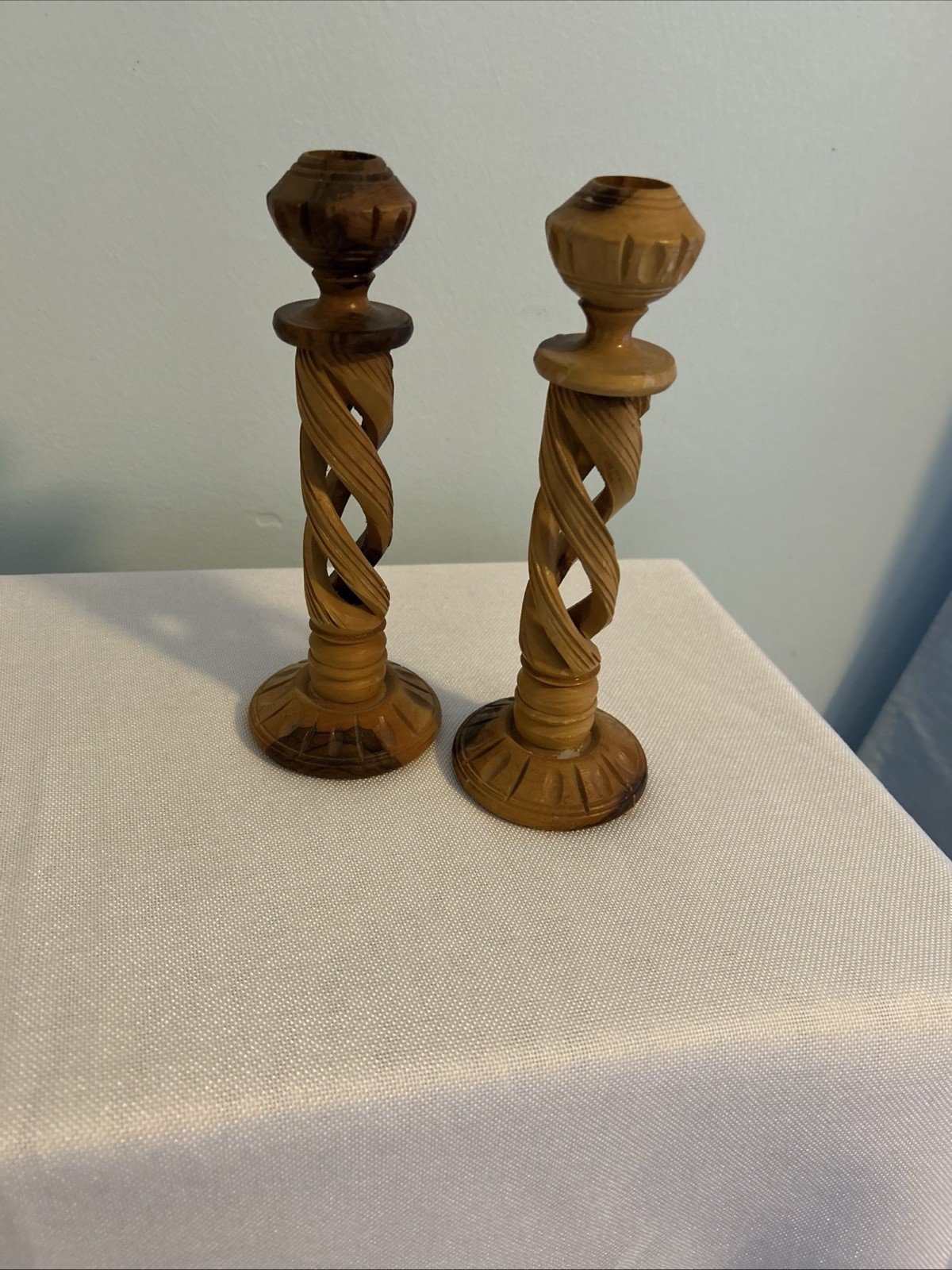 Vtg Hand Carved Olive Wood Candle Sticks 8” Missing Feet Twisted Design