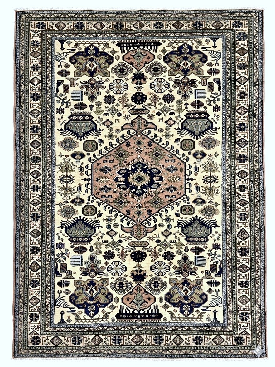 Vintage Ardebil Tribal Geometric Hand Knotted Wool Rug 6x9 Oriental Boho Area