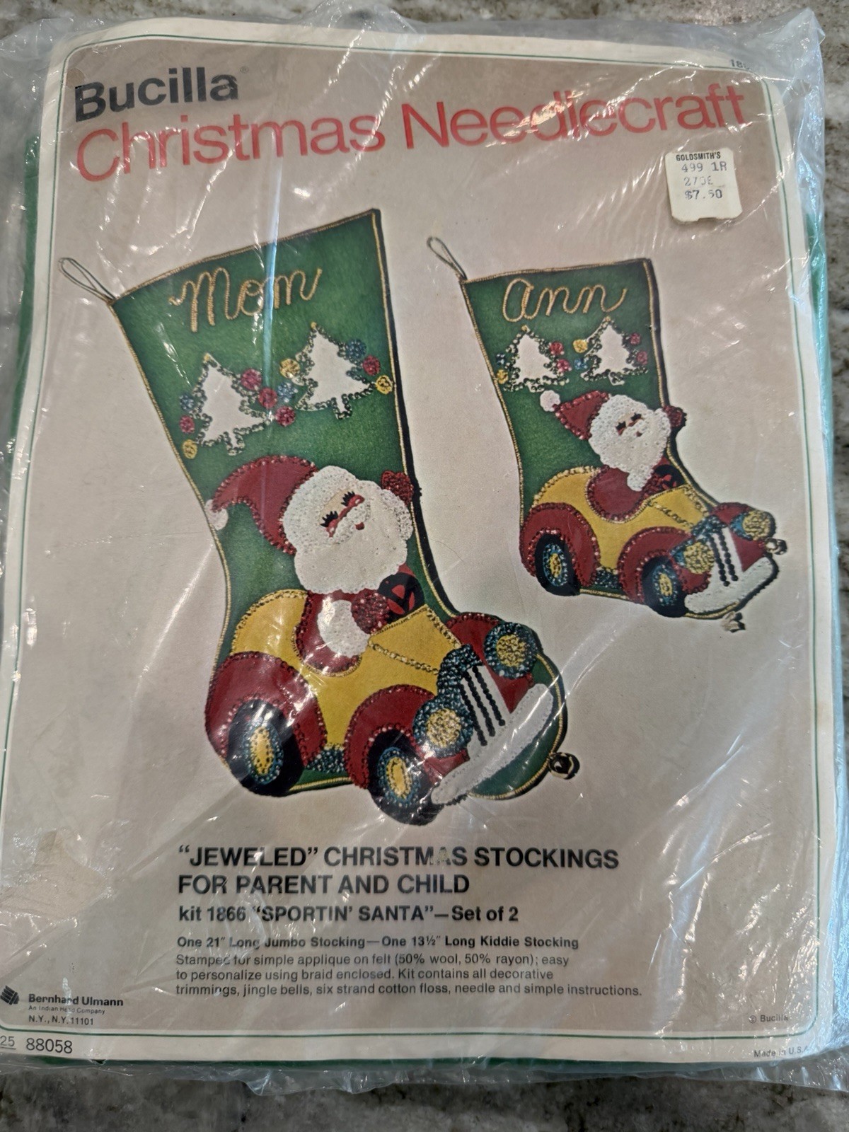 Vintage Bucilla Jeweled Christmas Stockings Santa & Car Kit 1866 Jumbo & Small Vintage Bucilla Jeweled Christmas Stockings Santa & Car Kit 1866 Jumbo & Small