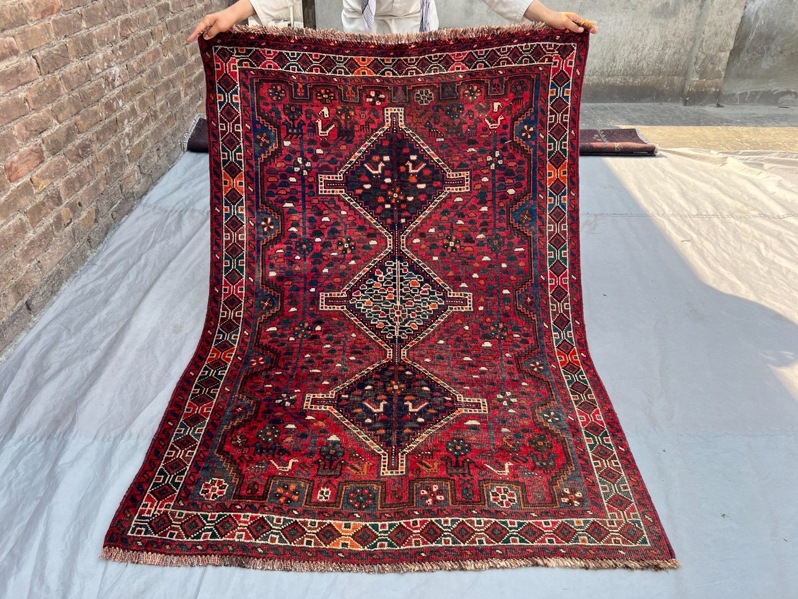 Vintage Turkish Tribal Rug, Hand Knotted Faded Red Medallion Wool Bedroom Rug