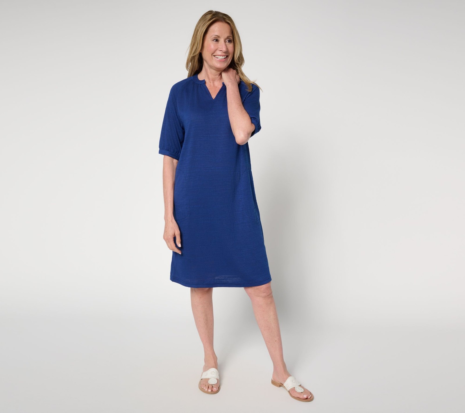 Stan Herman Women\'s Dress Sz M Crepe Knit Elbow Sleeve Halftan Blue A679658