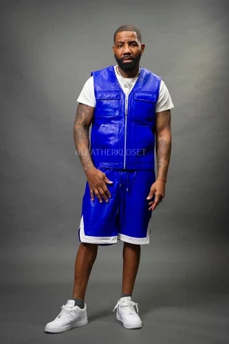 SUMMER MEN\'S PU LEATHER BROOKLYN VEST WITH LEATHER BASKETBALL SHORTS MULTICOLOR