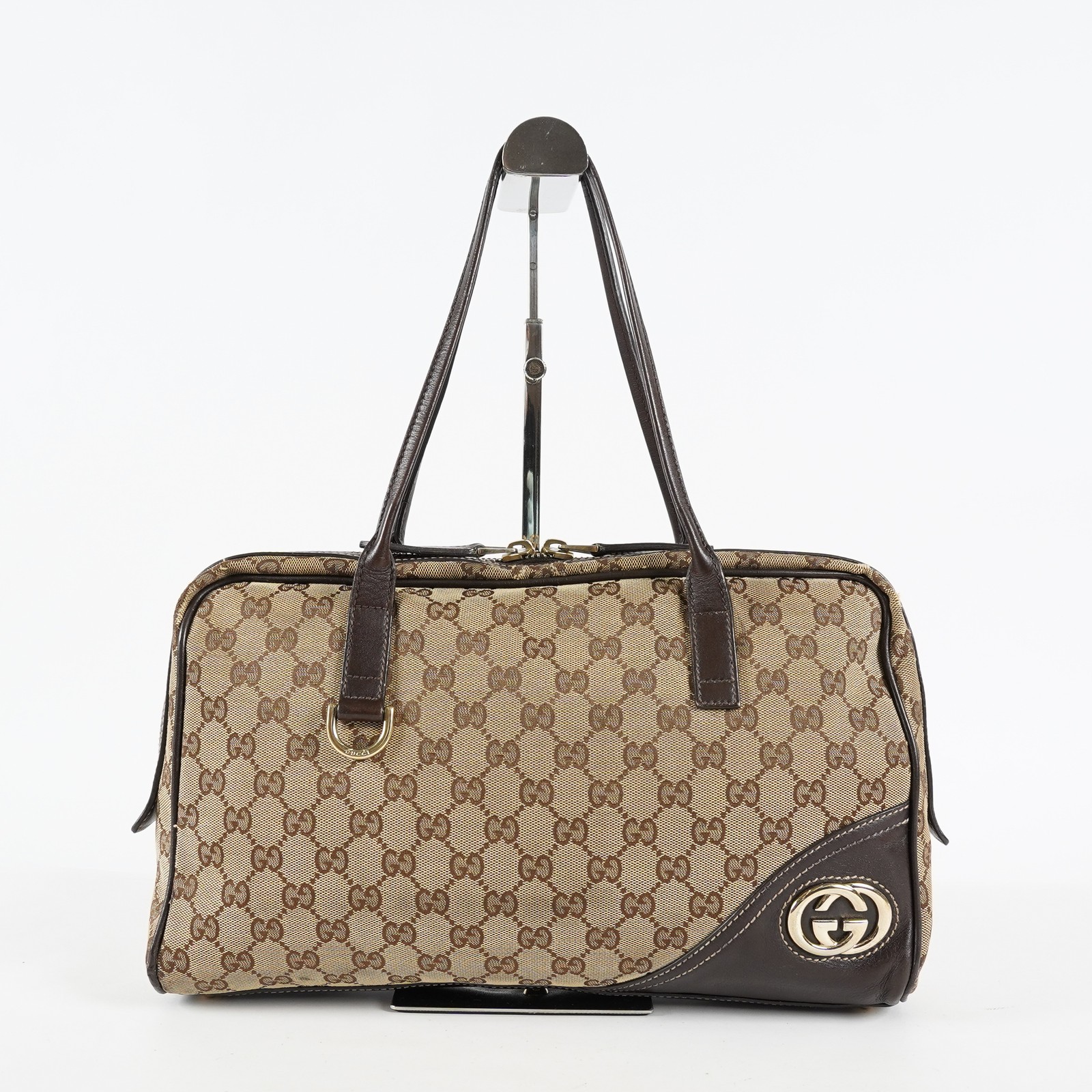 Gucci Bree Boston Bag Medium Beige GG Canvas Leather Used Handbag 09E162310006