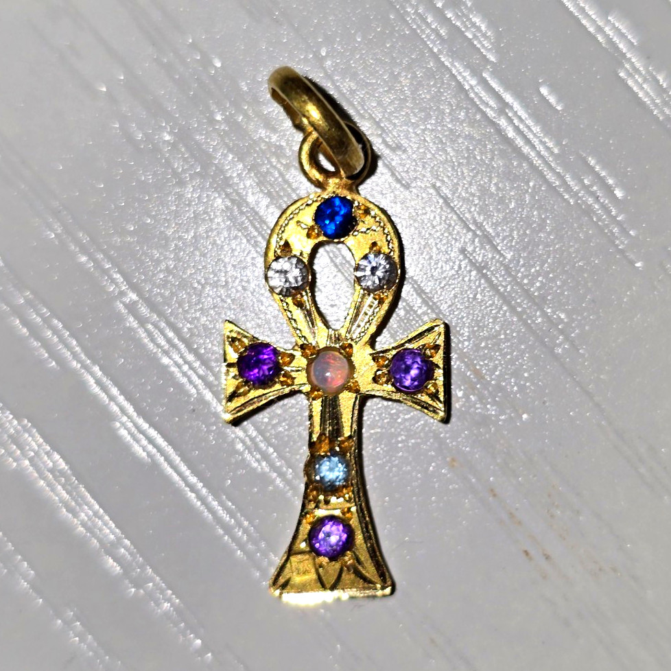Vintage 14k Yellow Gold Multi-Gemstone Ankh Pendant - Unworn c. 2001