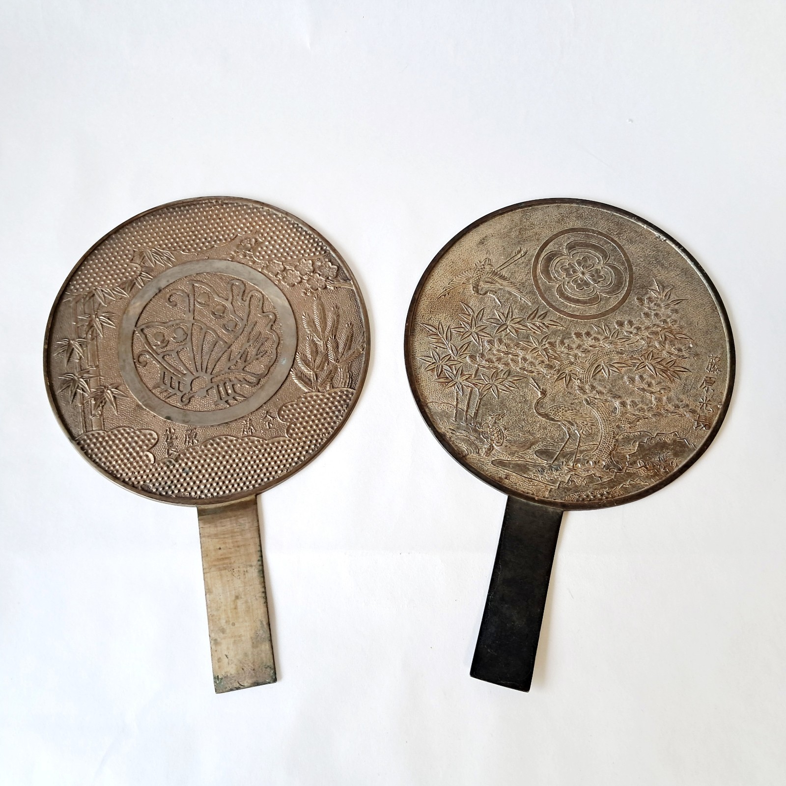 Pair Vintage Antique Japanese Bronze Hand Mirrors Edo Meiji Fujiwara Crane 6.7\