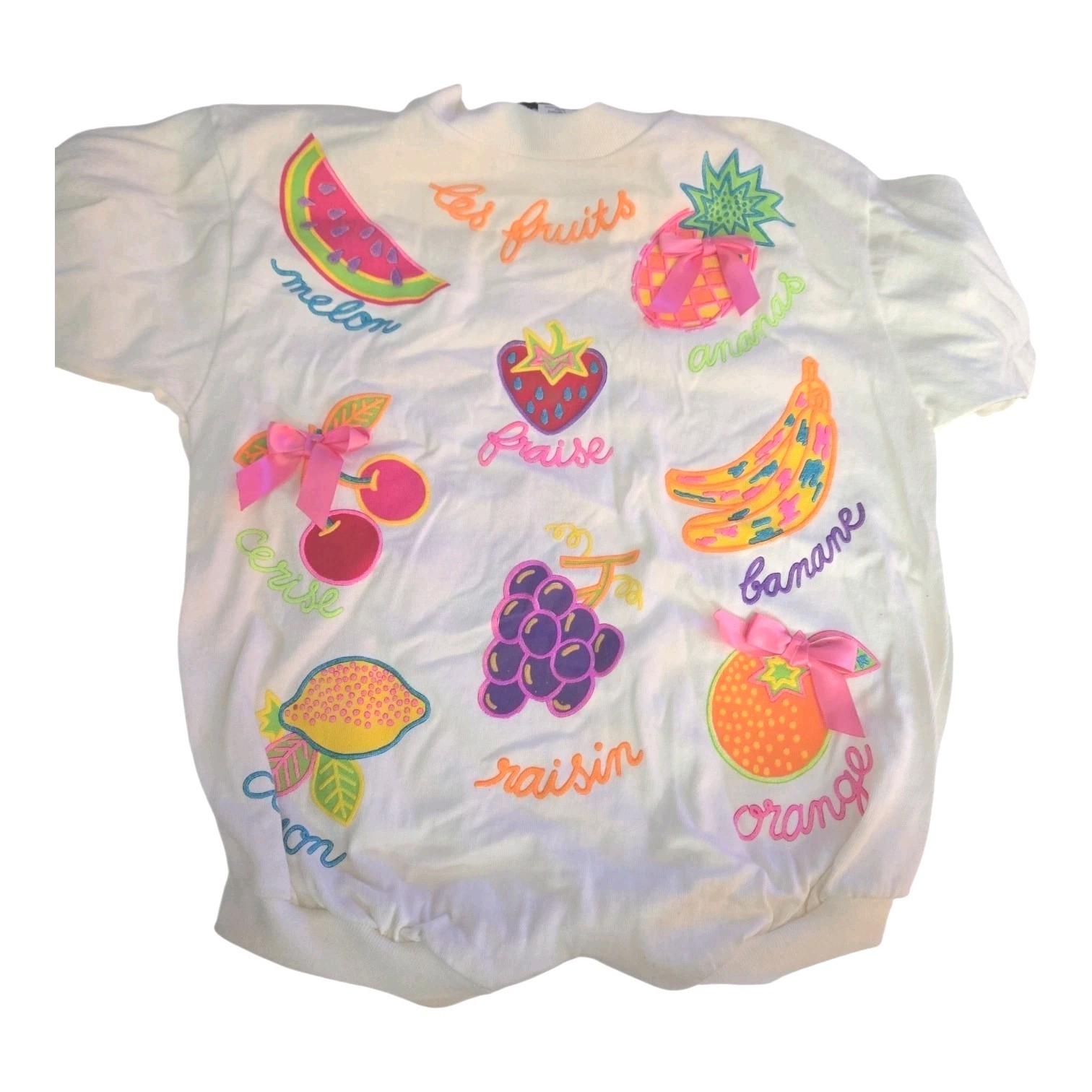 Vintage Baby Girls Fruits Puff Print Romper White Retro 80\'s USA NWOT