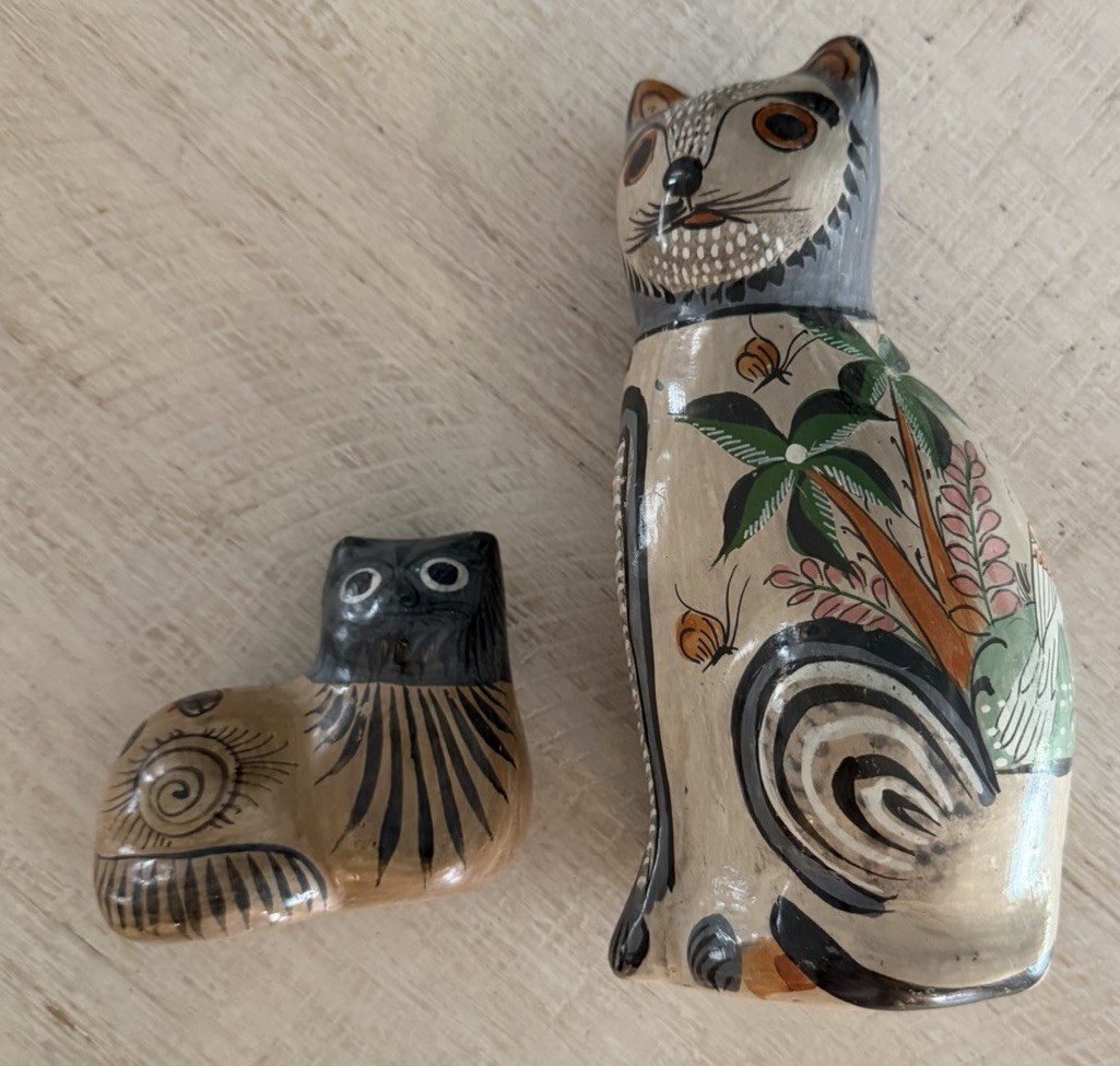 Tonala Mexico Vtg Pottery Cat Figurines Lot Of 2 Kitties