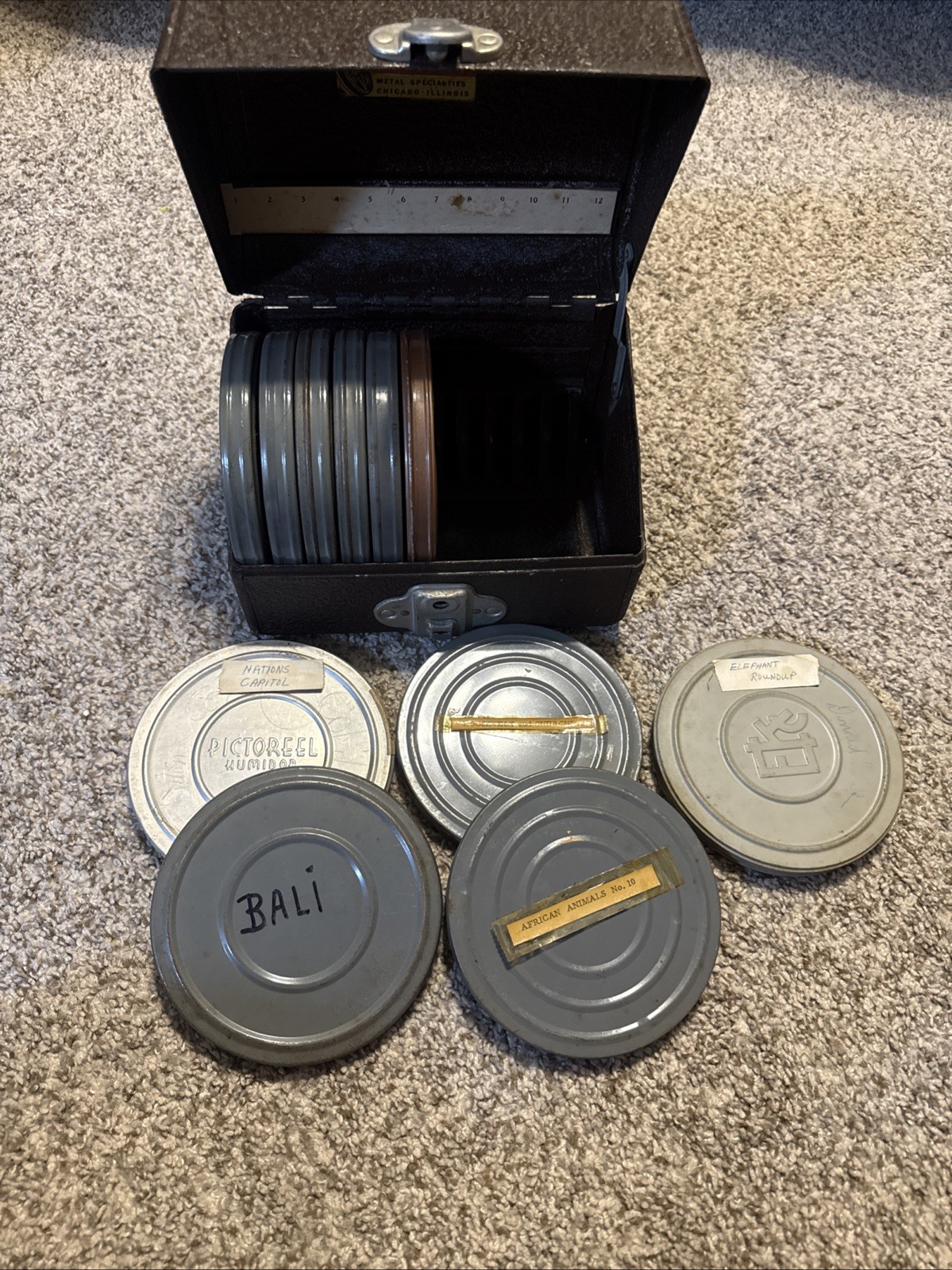 Vintage 7” 8mm Reel Cases With Reels & Box Lot Roosevelt/Churchill, Etc. Vintage 7” 8mm Reel Cases With Reels & Box Lot Roosevelt/Churchill, Etc.
