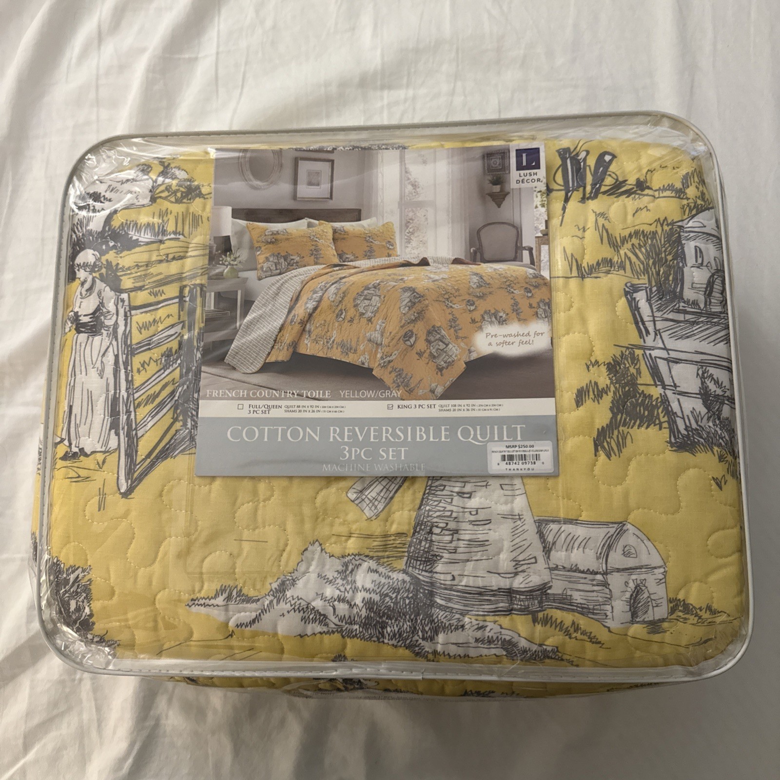 Lush Decor French Country Toile King Quilt Set 3pc Reversible Cotton Yellow/Gray Lush Decor French Country Toile King Quilt Set 3pc Reversible Cotton Yellow/Gray