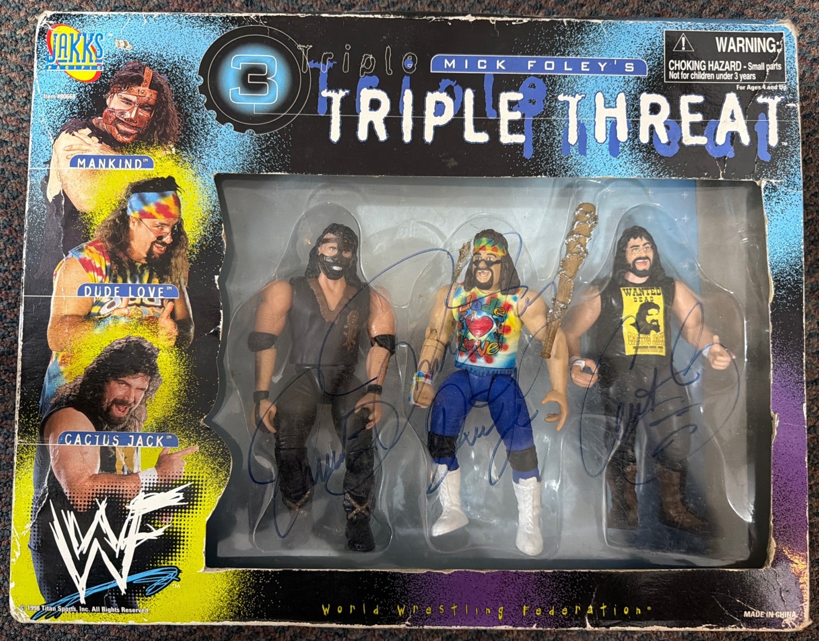 WWF Mick Foley's Triple Threat Wrestling Figure Set Signed Autographed WWE 1998 WWF Mick Foley's Triple Threat Wrestling Figure Set Signed Autographed WWE 1998
