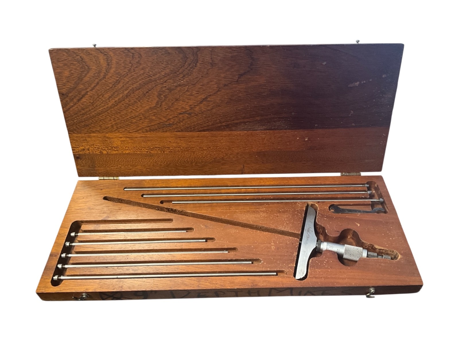 Vintage L.S. Starrett No. 445 Depth Micrometer Set w/ Wooden Case & Rods USA