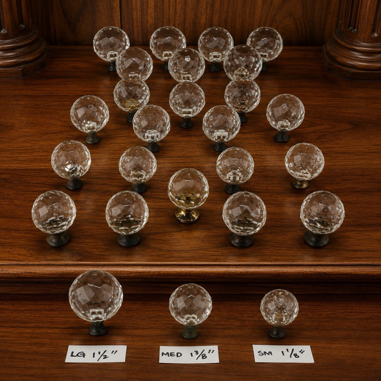 Qty 23 VTG 1930’s Faceted Glass Crystal Drawer Pulls Brass Cabinet Knobs 3 Sizes